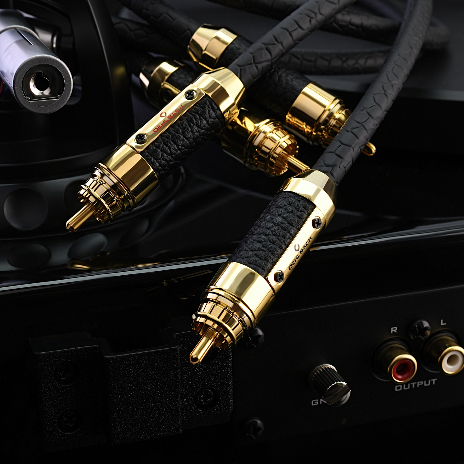 Ein schwarzes Kabel mit goldenen Enden ist in ein schwarzes Gerät mit goldenen Cinch-Anschlüssen eingesteckt.