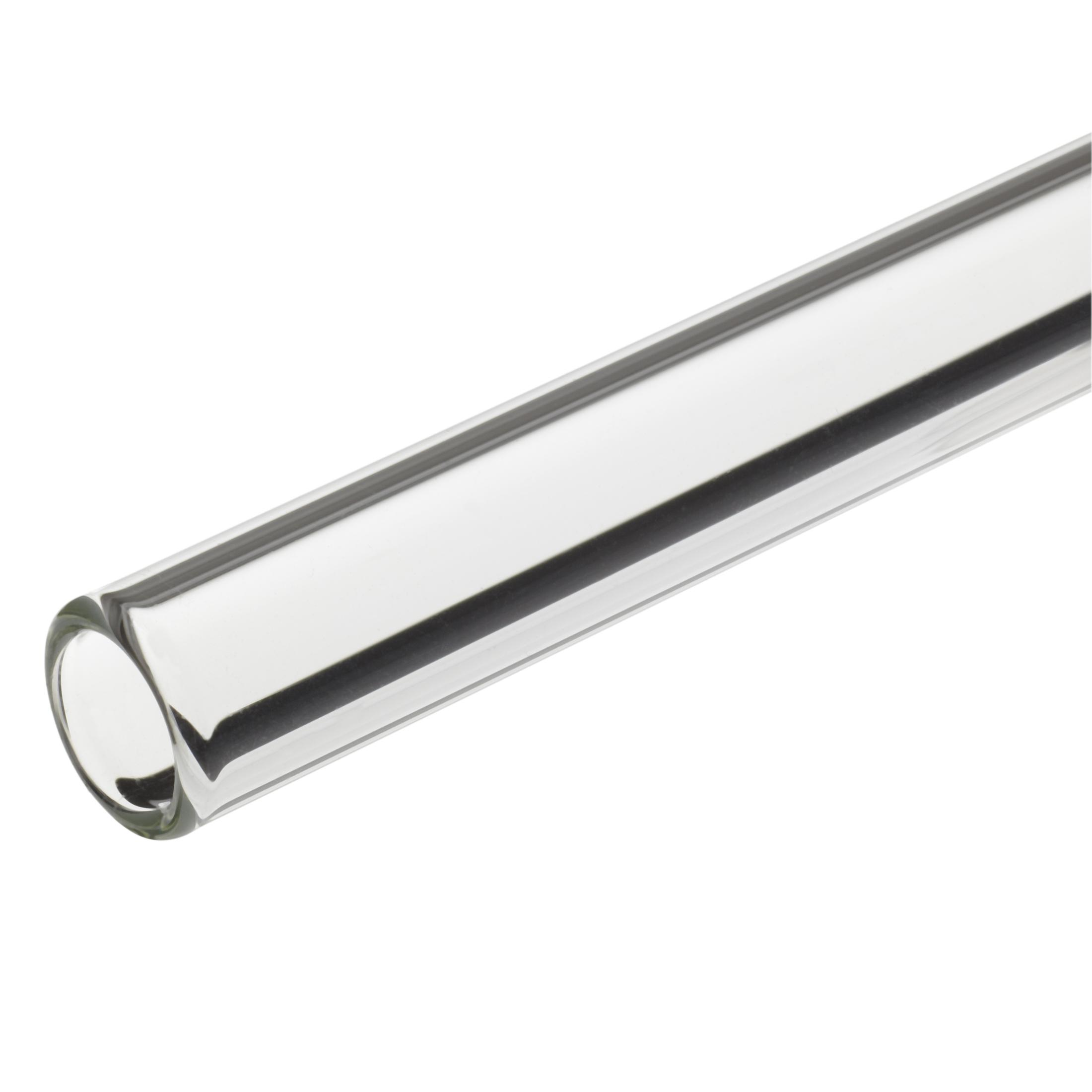 Eine Nahaufnahme eines klaren Glasstrohhalms, der seine hohle zylindrische Form und glatte Oberfläche zeigt.