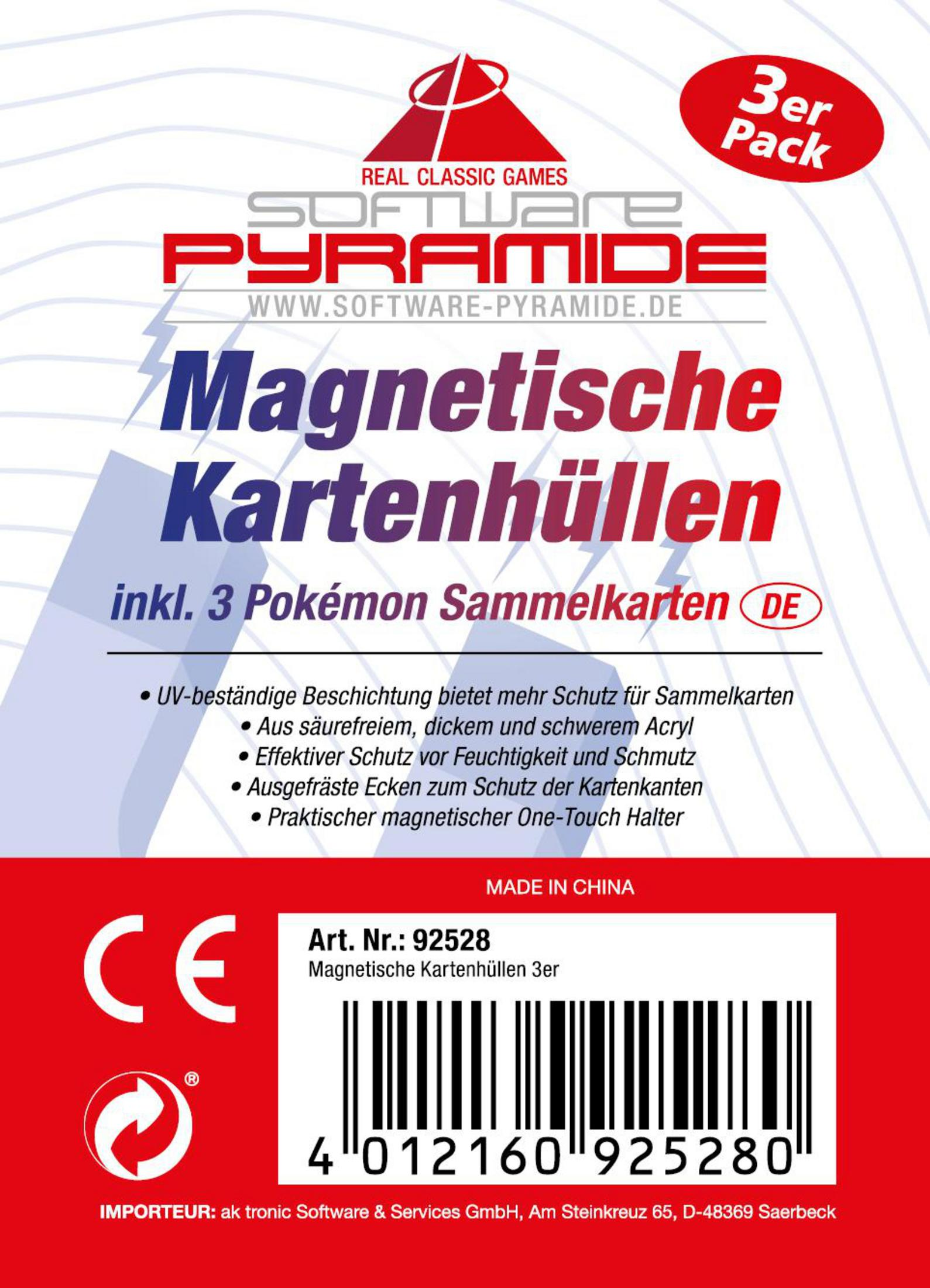 Verpackung für magnetische Kartenhalter, inklusive drei Pokémon-Sammelkarten, mit Details auf Deutsch.