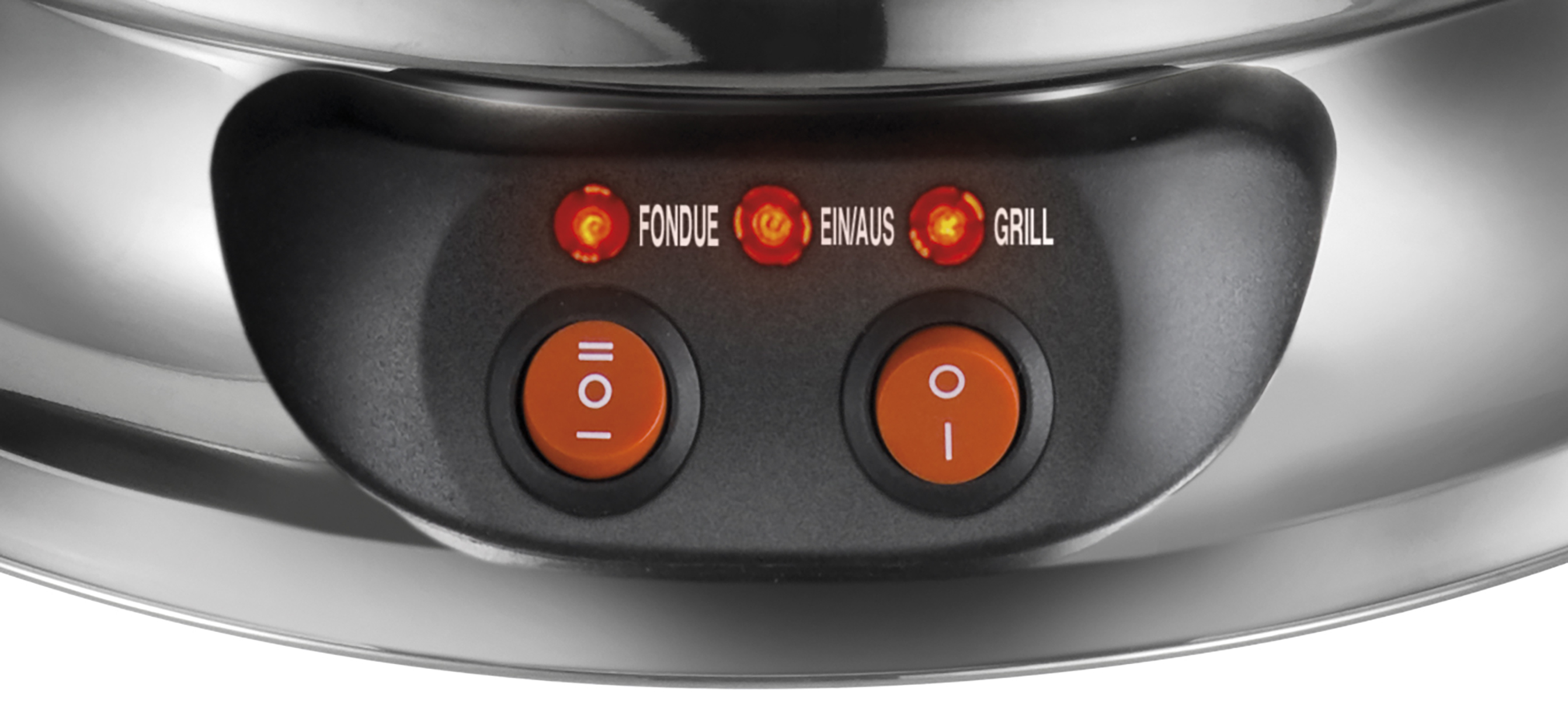 Primo piano del pannello di controllo di un set per fonduta con pulsanti etichettati per fonduta, on/off e grill, tutti illuminati in rosso.