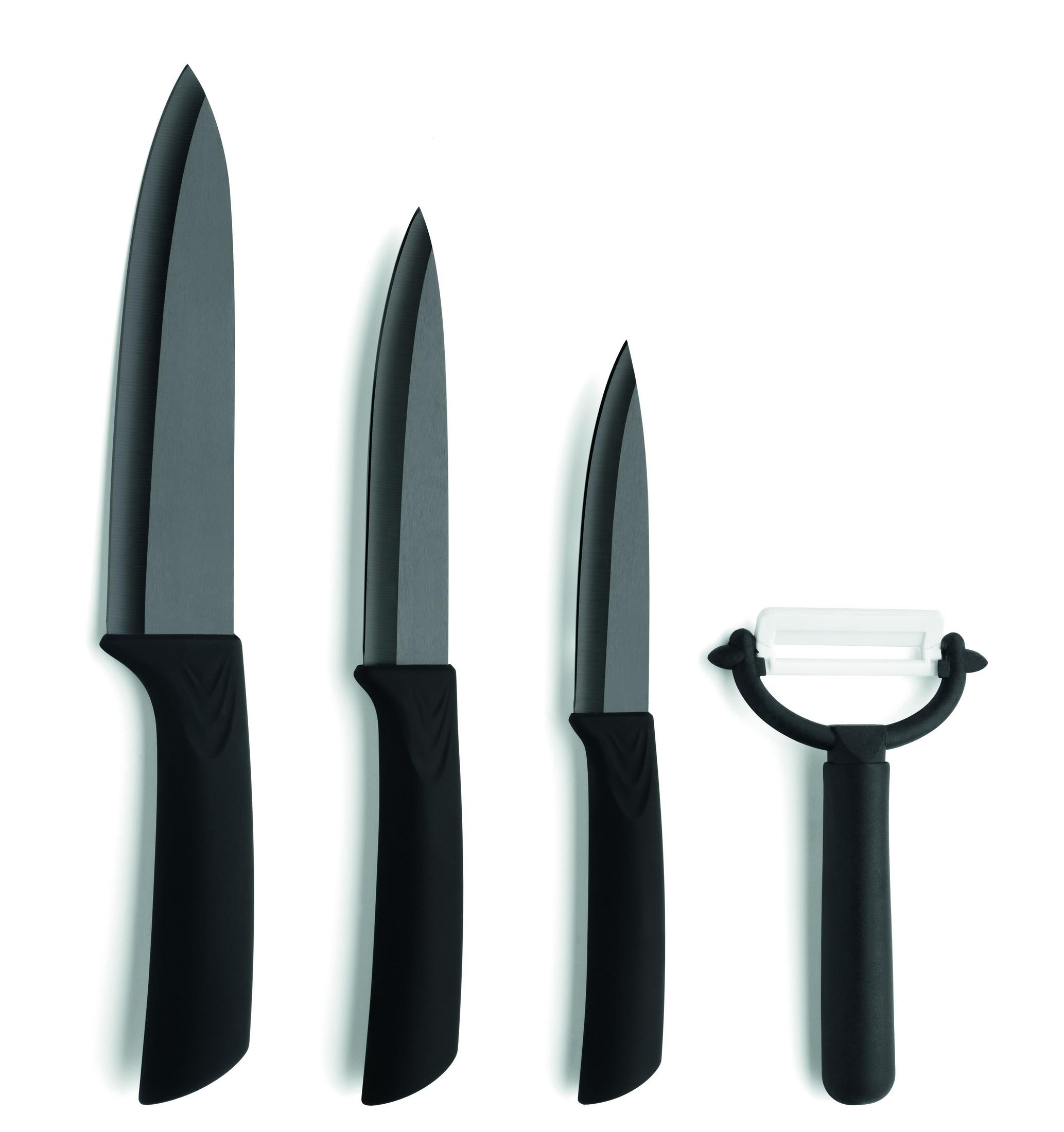 Ein Satz schwarzer Messer und ein Schäler mit weißen Akzenten, die alle auf einem weißen Hintergrund angeordnet sind.