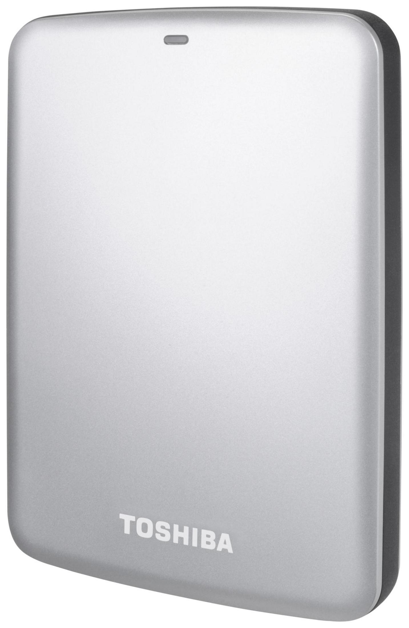Silberne Toshiba-Festplatte mit einem kleinen Licht oben und dem Namen Toshiba unten.