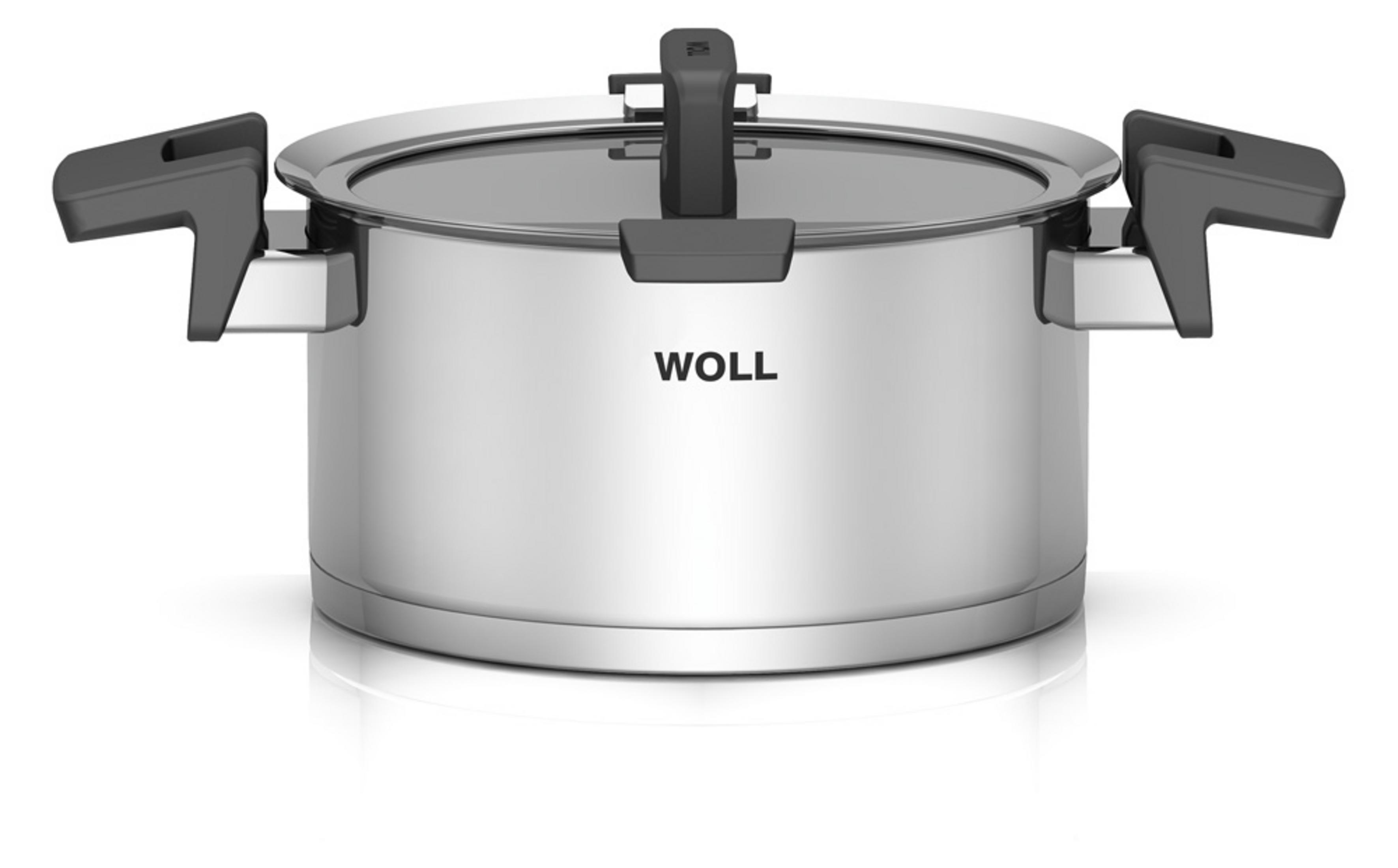 Silberner Woll-Kochtopf mit Glasdeckel und schwarzen Griffen auf weißem Hintergrund.