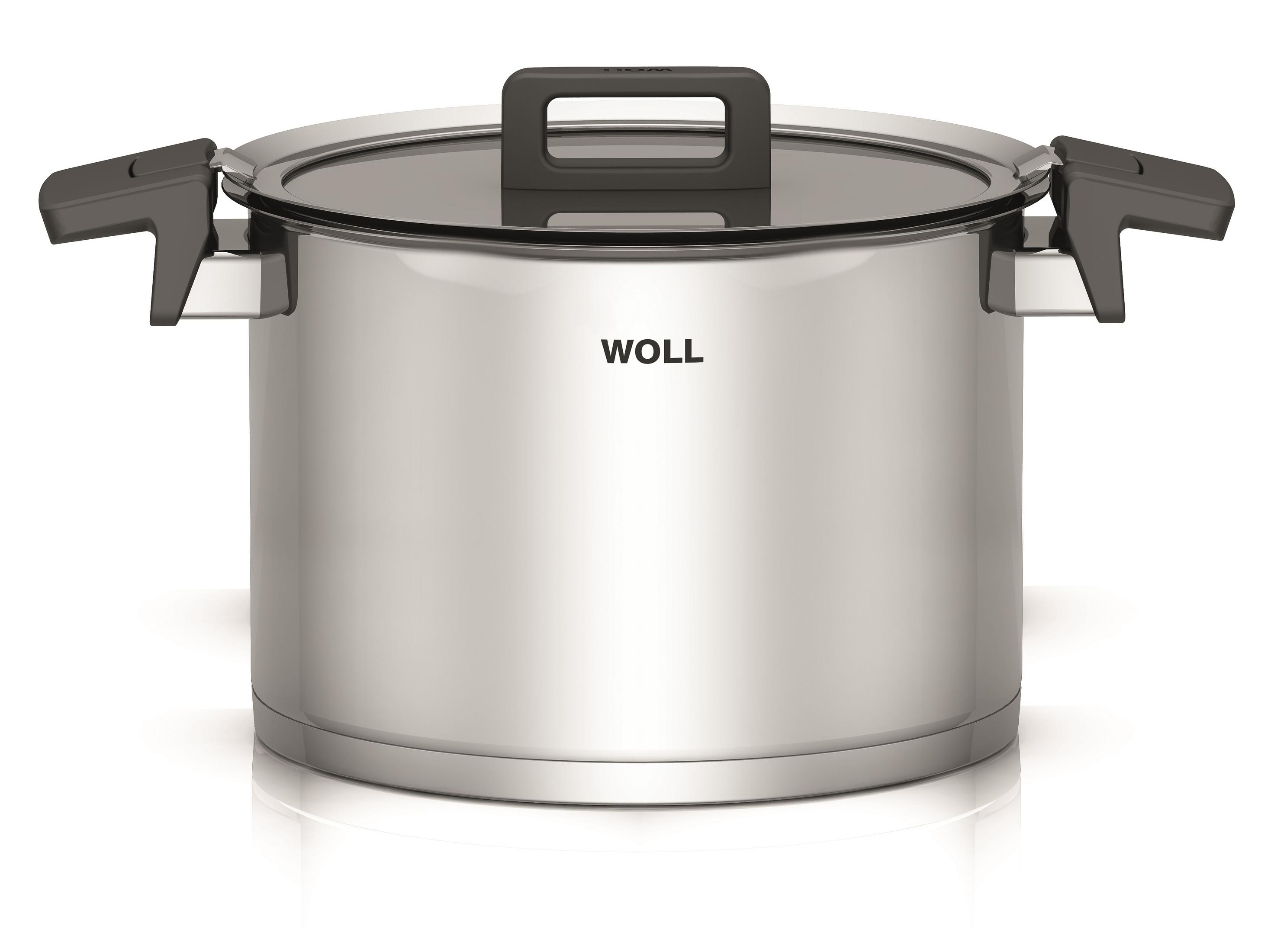 Ein silberner Topf mit schwarzen Griffen und Deckel. Auf der Vorderseite steht "WOLL".