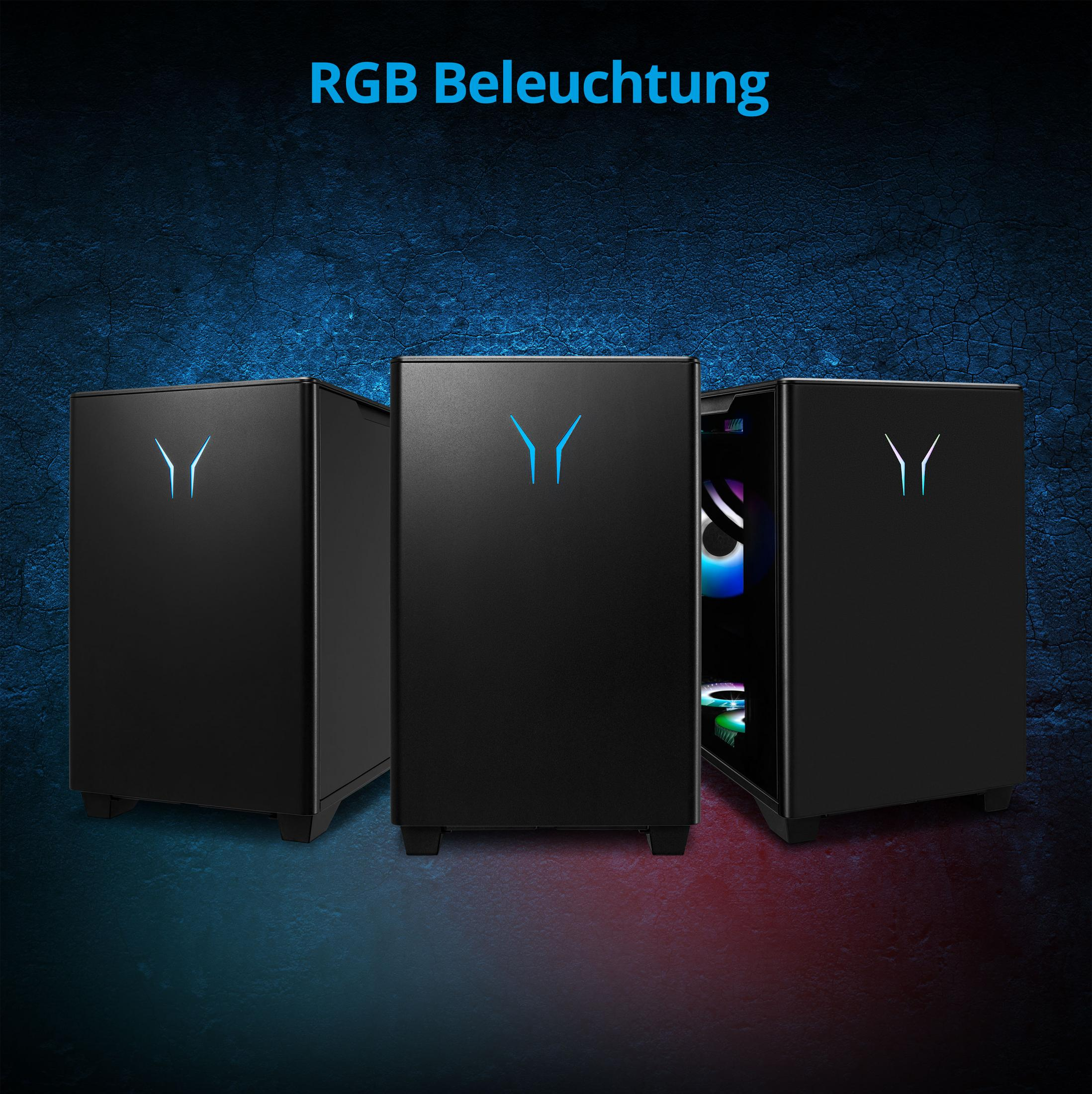Drei schwarze Computergehäuse mit blauen RGB-Lichtern. Das mittlere Gehäuse hat ein blaues Y-Logo.