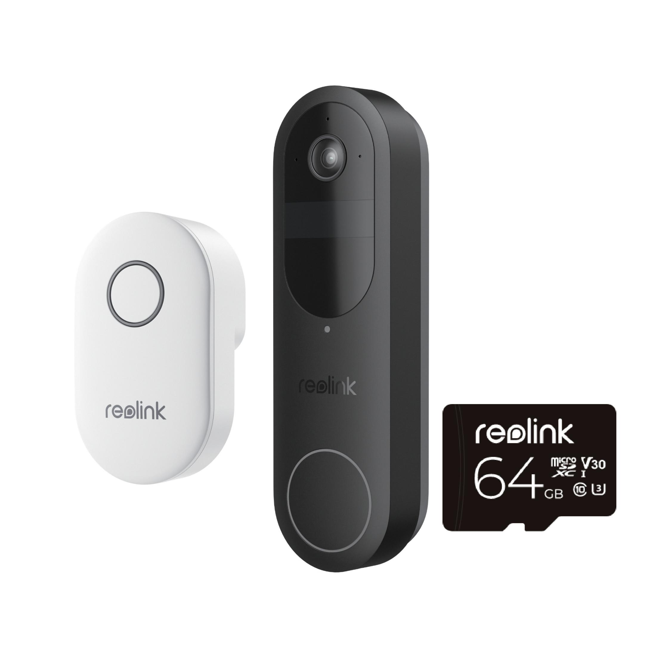 Un set campanello Reolink: un'unità fotocamera nera, un'unità carillon bianca e una scheda microSD da 64 GB.
