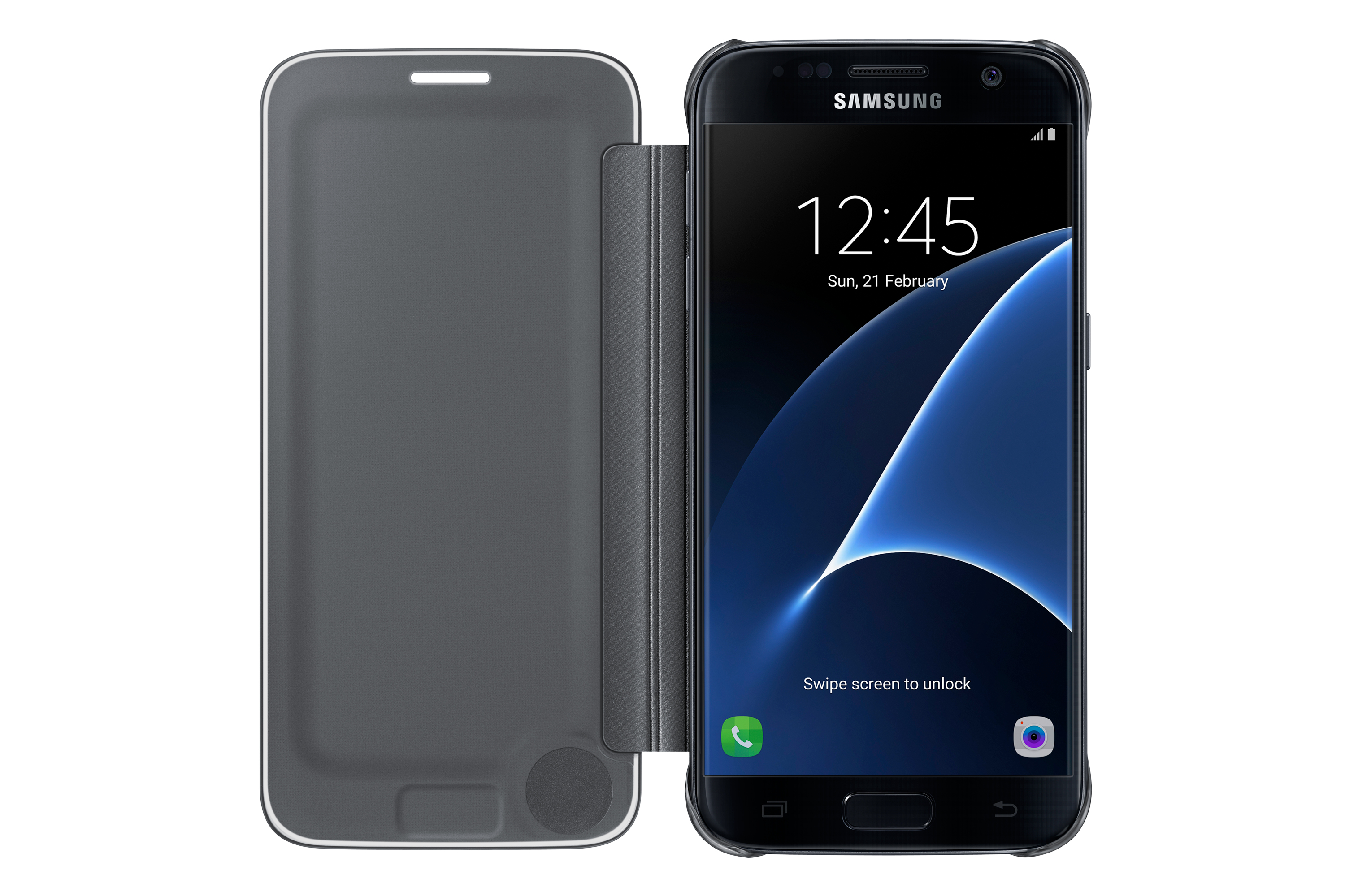 Samsung Galaxy S7 Smartphone mit dunkelgrauer Hülle, zeigt die Uhrzeit 12:45. Der Bildschirm zeigt einen blauen Hintergrund.