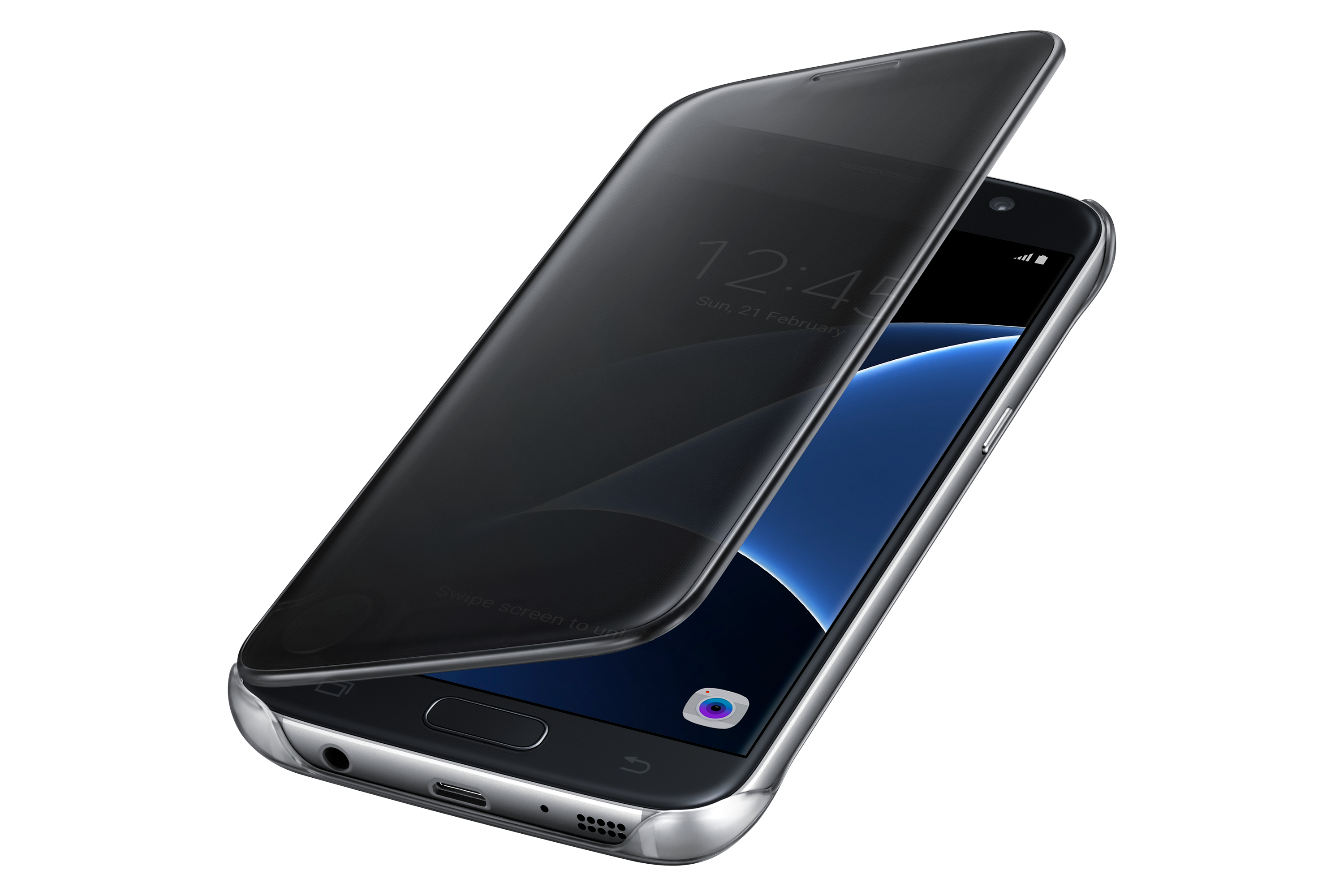 Ein schwarzes Smartphone mit teilweise geöffneter Hülle, das einen Bildschirm mit Uhrzeit und Datum anzeigt. Silberne Ränder.