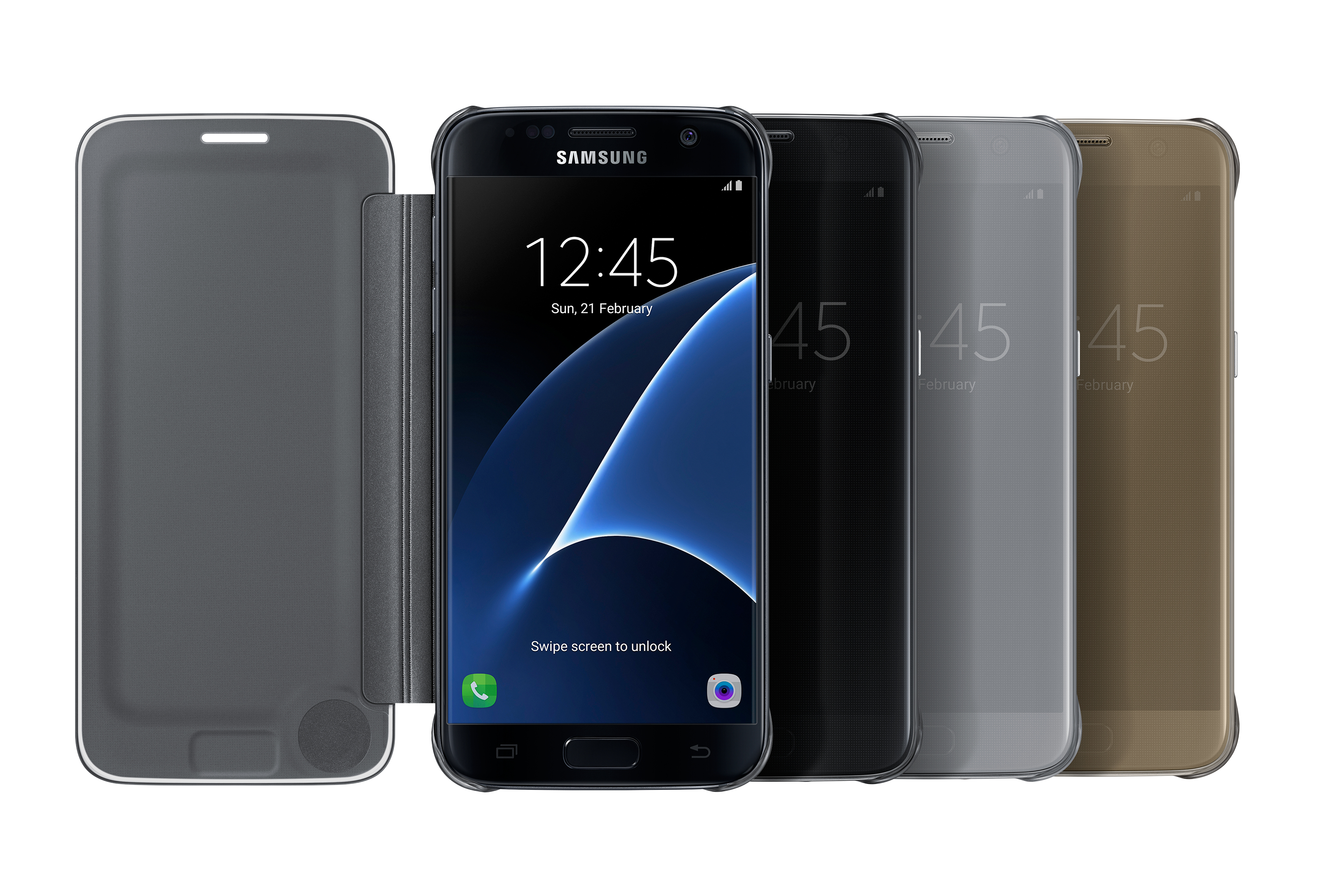Vier Samsung Galaxy S7-Handys in verschiedenen Farben, wobei sich auf dem linken Handy eine Hülle befindet.