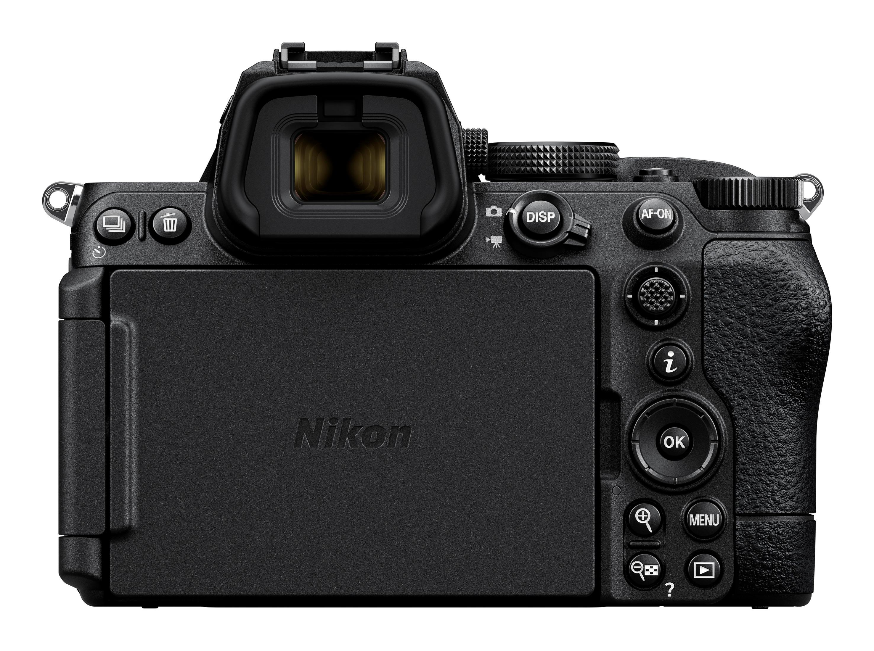 Rückseite einer schwarzen Nikon Z-Serie Kamera mit einem Bildschirm und mehreren Tasten und Einstellrädern.