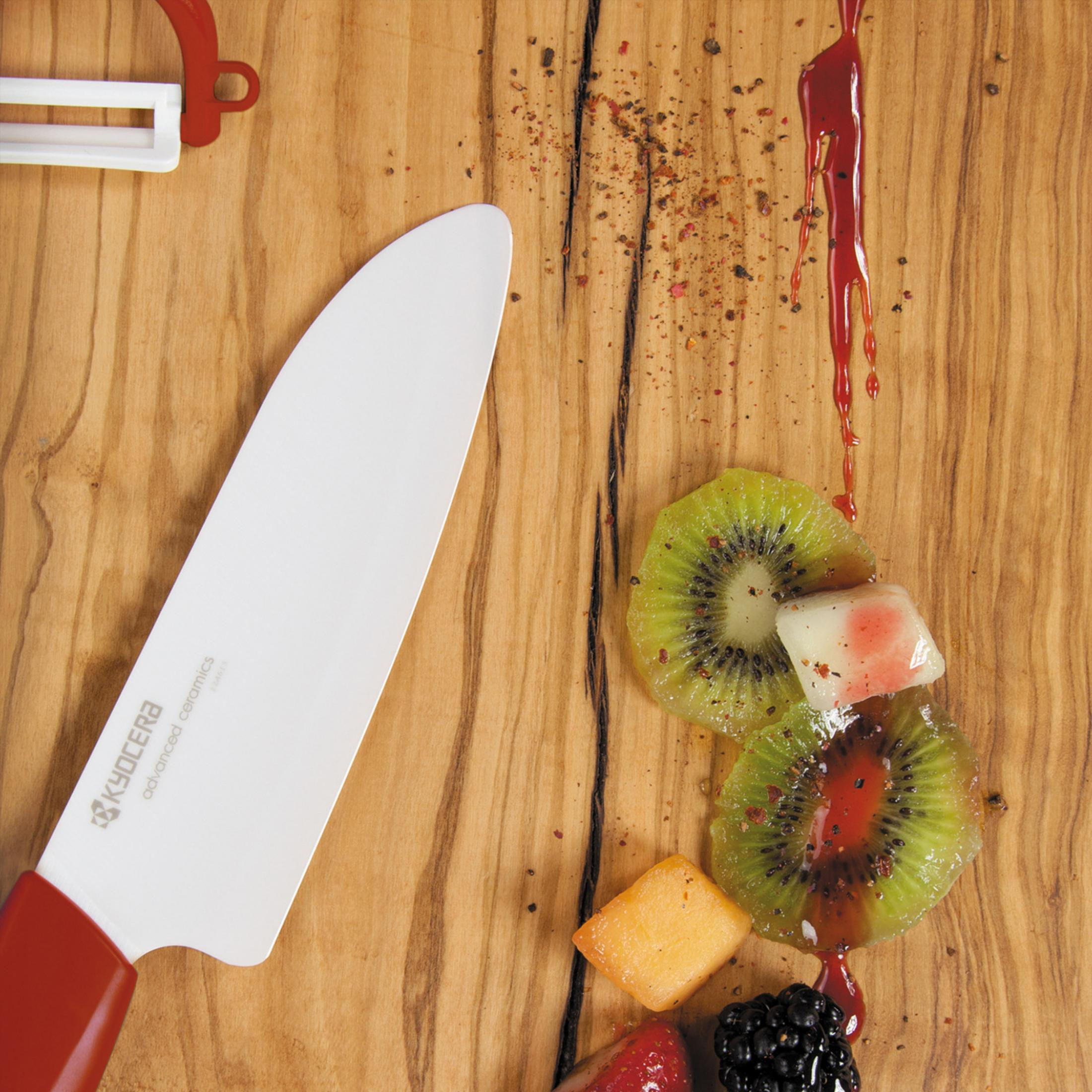 Weißes Keramikmesser mit rotem Griff neben Kiwi, Melone und Beeren auf einem Schneidebrett.