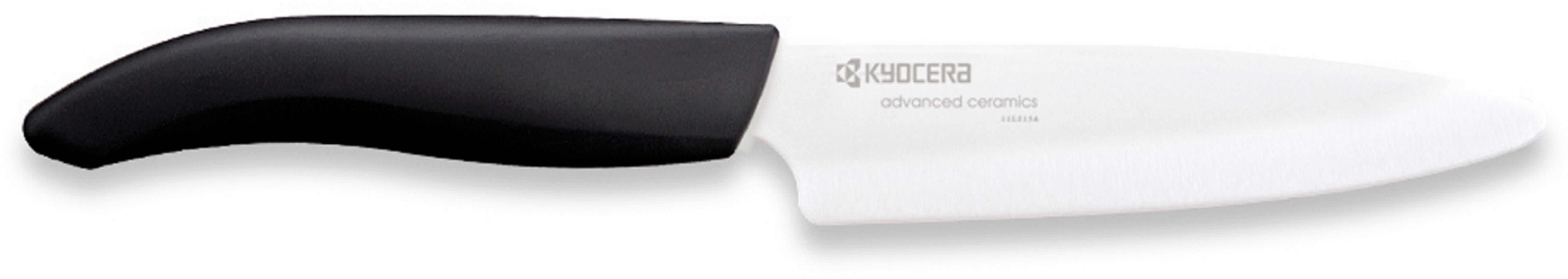 Ein weißes Keramikmesser von Kyocera mit schwarzem Griff, das sein klares Design und seine scharfe Klinge zeigt.