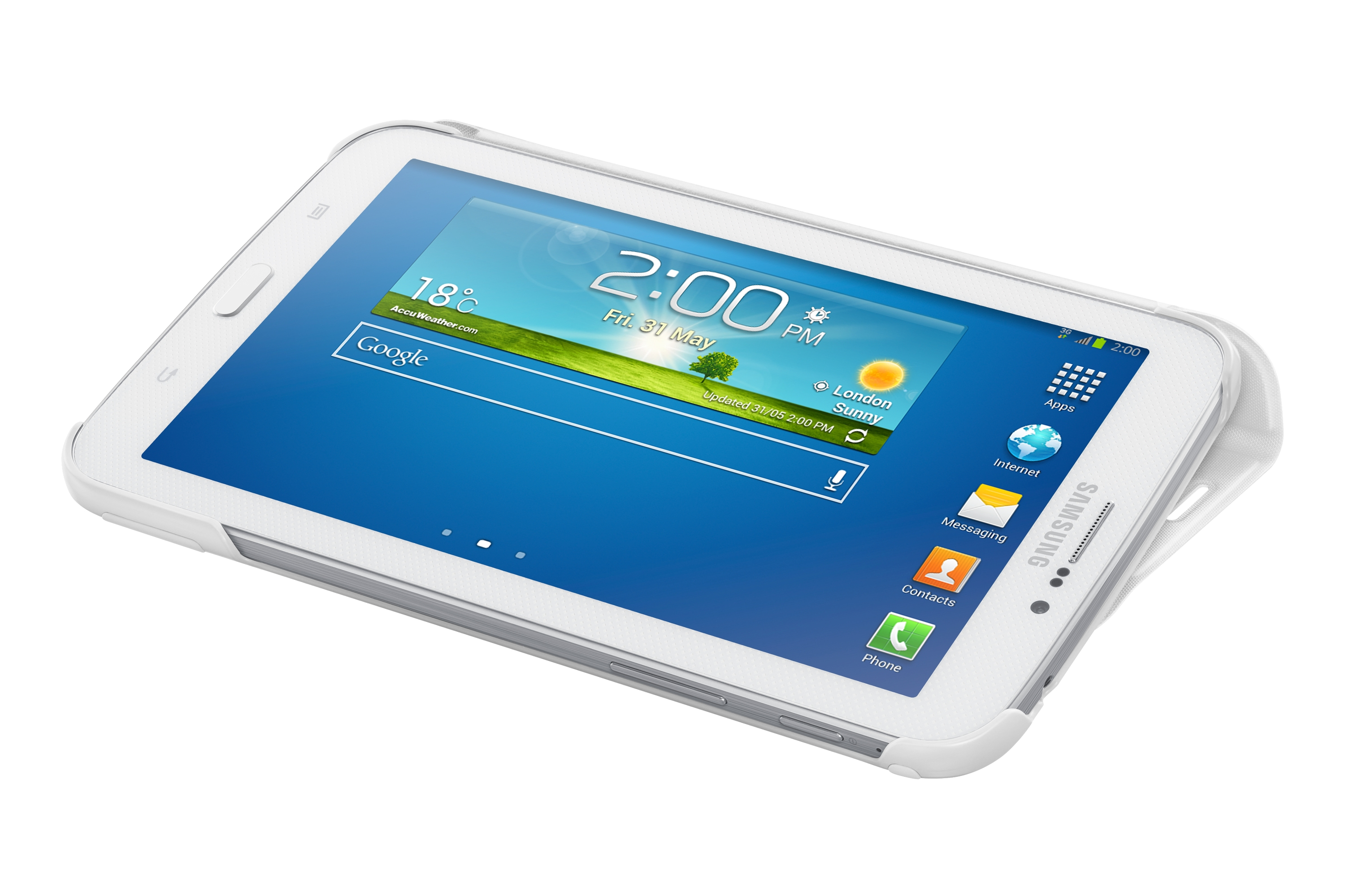 Un tablet Samsung bianco con custodia protettiva visualizza un'app meteo. Lo schermo mostra ora, temperatura e barra di ricerca di Google.