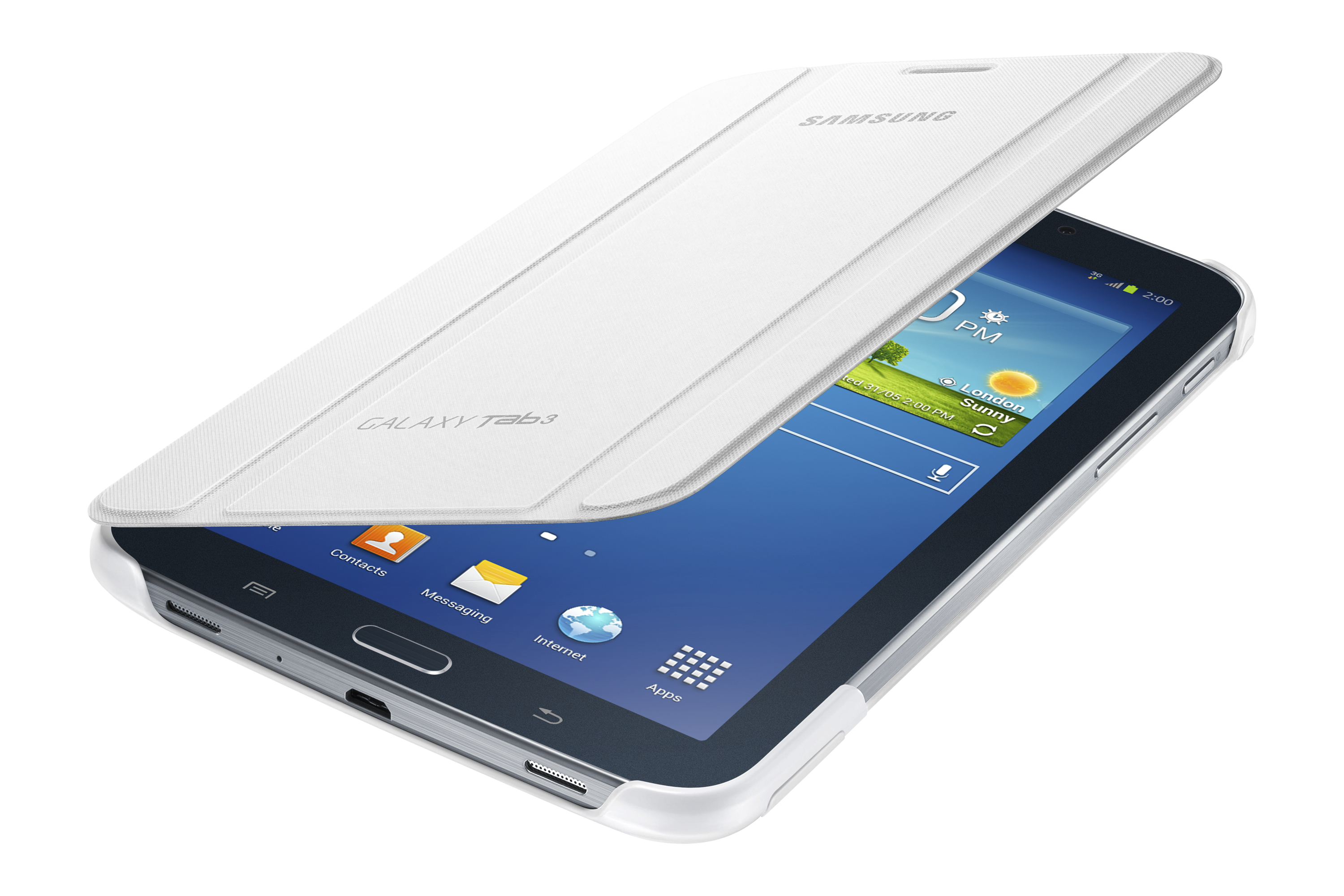 Un tablet Samsung Galaxy Tab3 bianco con una cover bianca. Lo schermo mostra l'ora e le icone delle app.