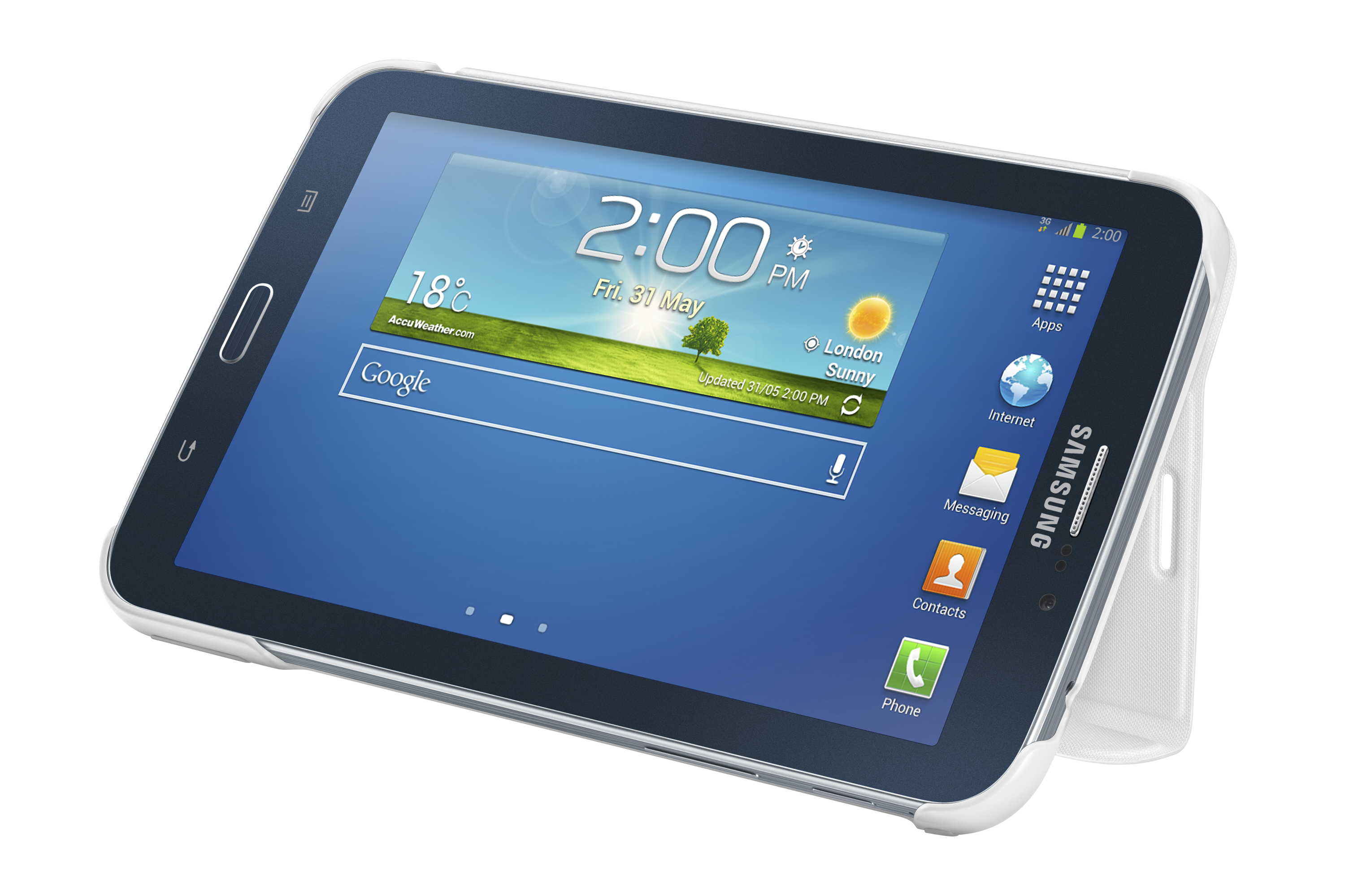 Un tablet Samsung mostra l'ora, il meteo e le app. È in una custodia bianca. Lo schermo è blu.