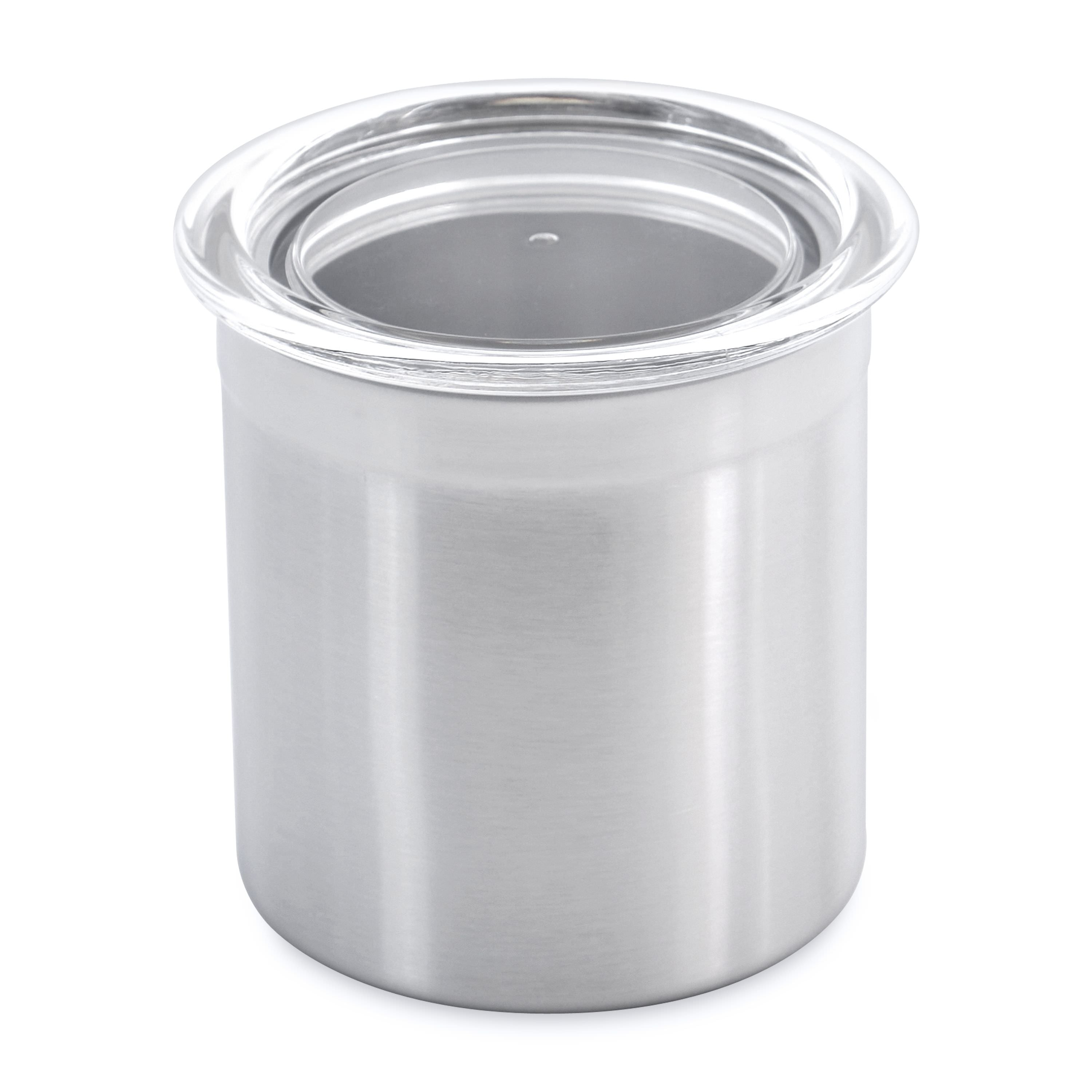 Close-up of a silver metal container with a clear plastic lid on white background.