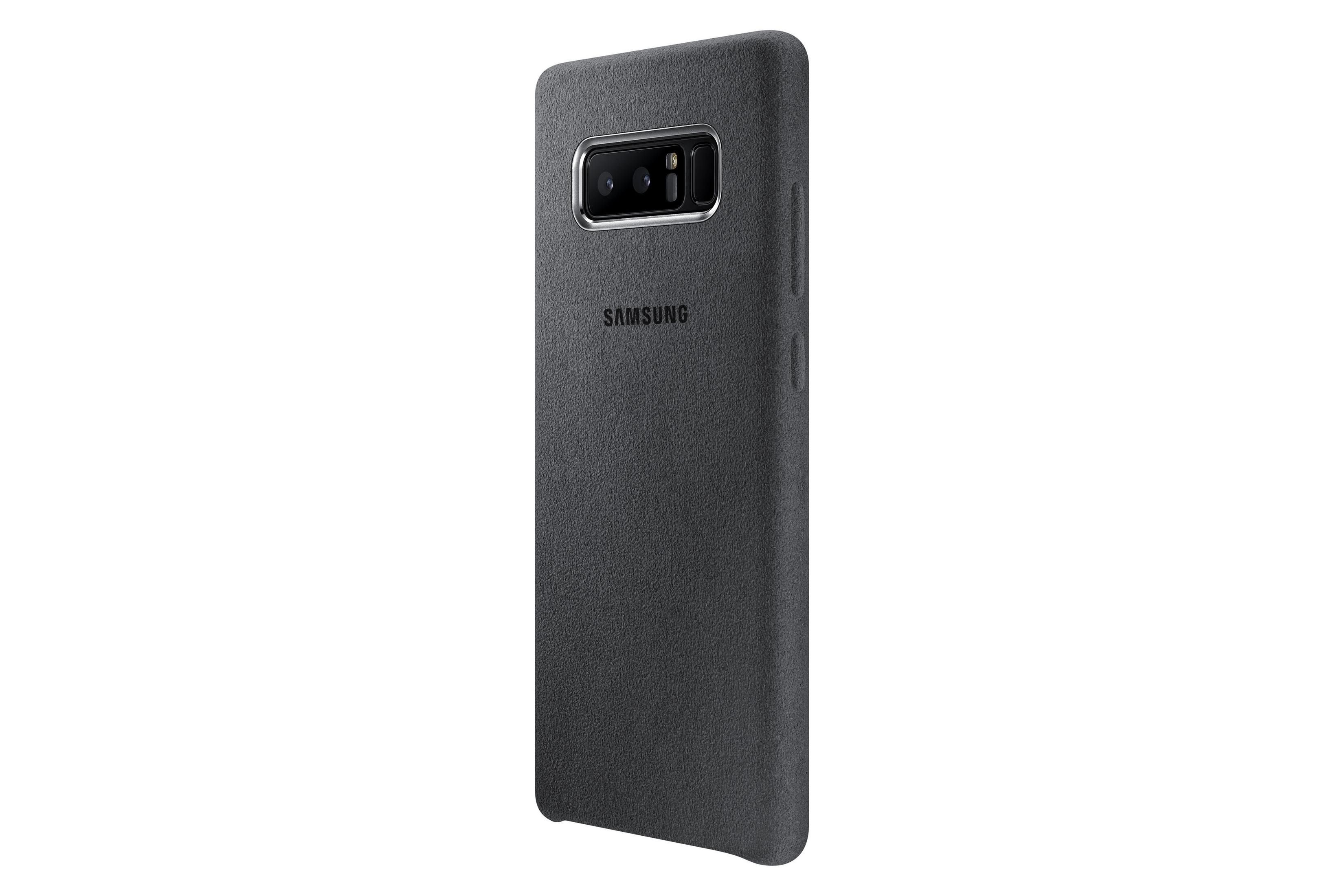 Custodia grigia per telefono Samsung con il logo Samsung su sfondo bianco.
