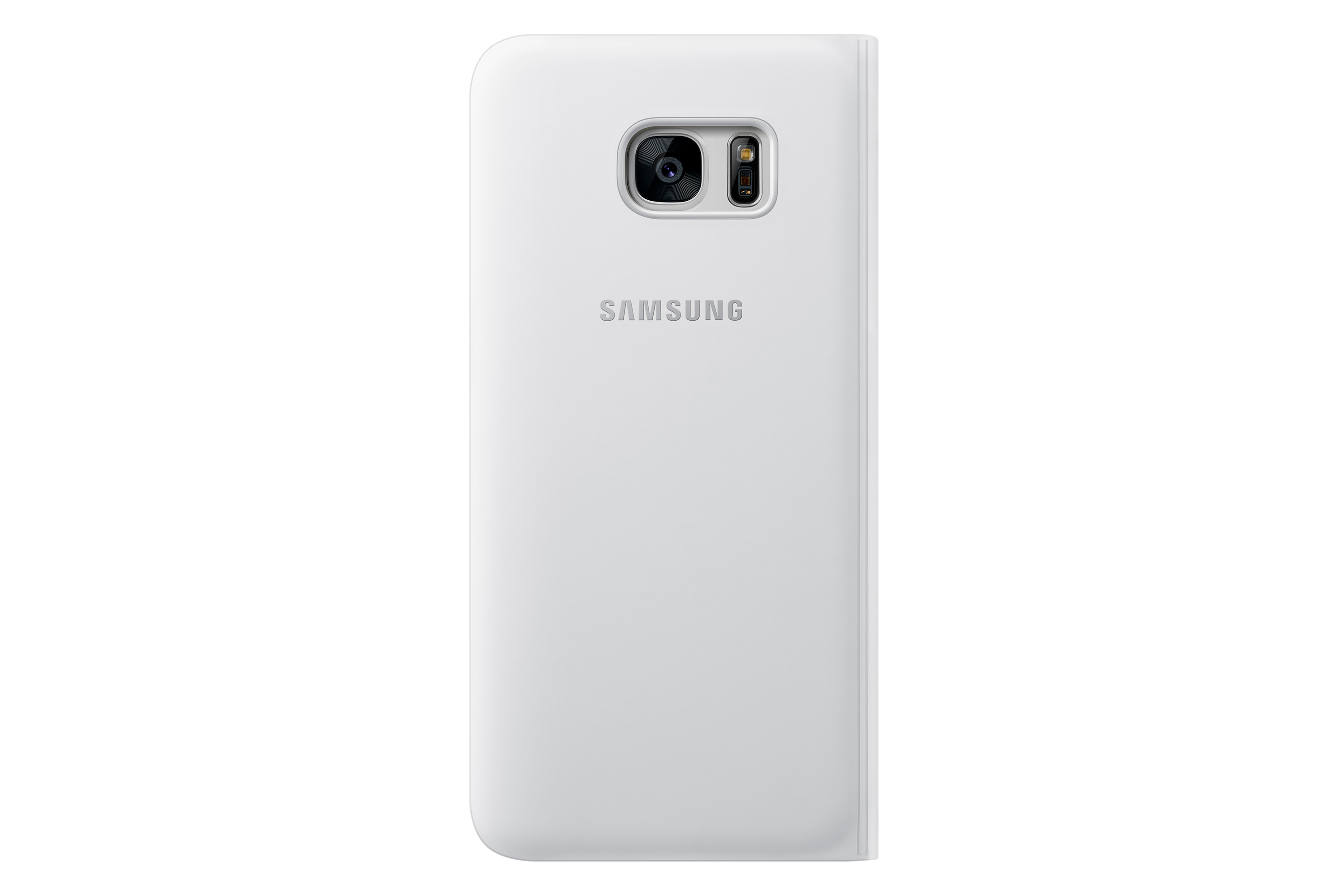 Custodia bianca per telefono Samsung con apertura per la fotocamera e logo Samsung in rilievo.