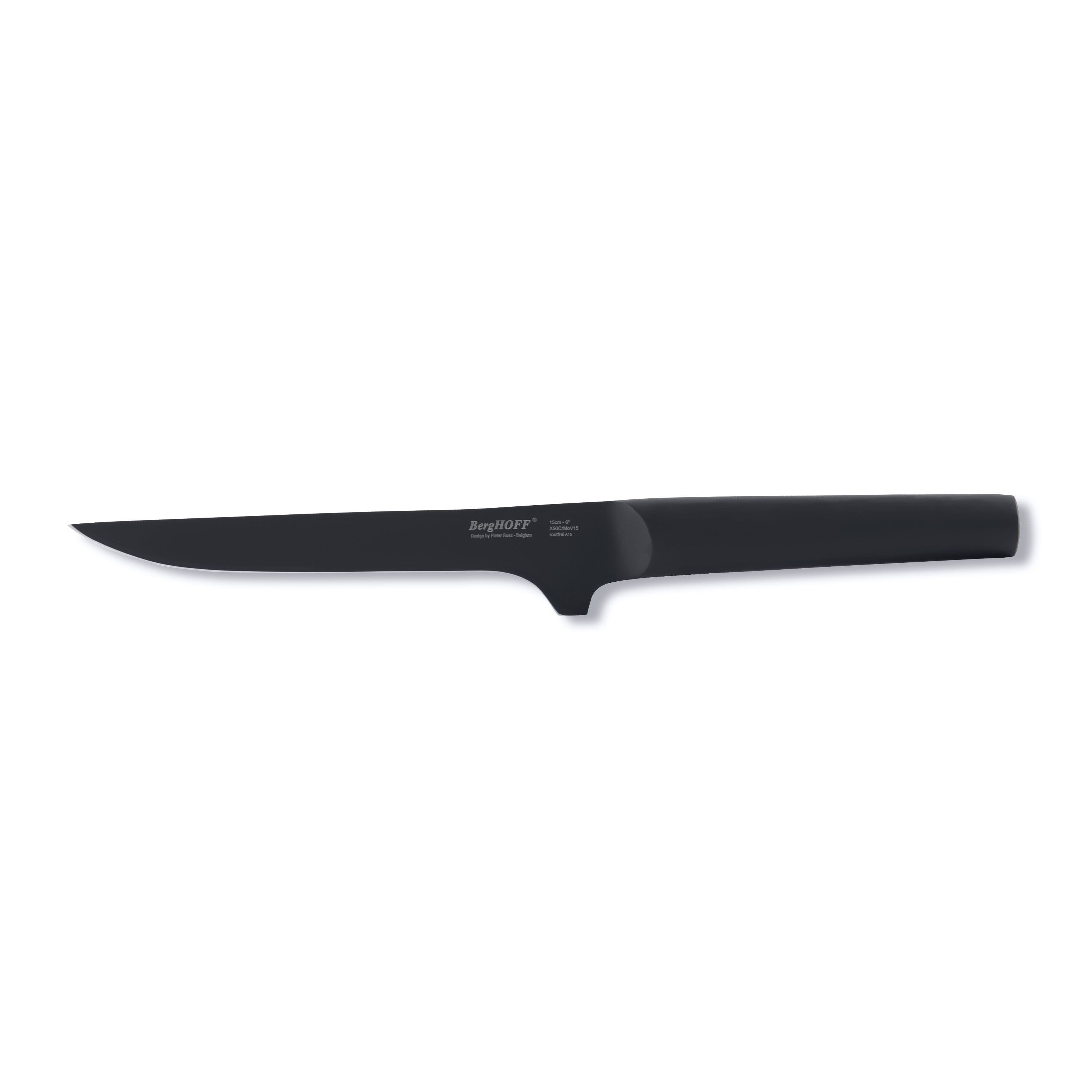 A black knife with a sleek design is displayed against a stark white background.