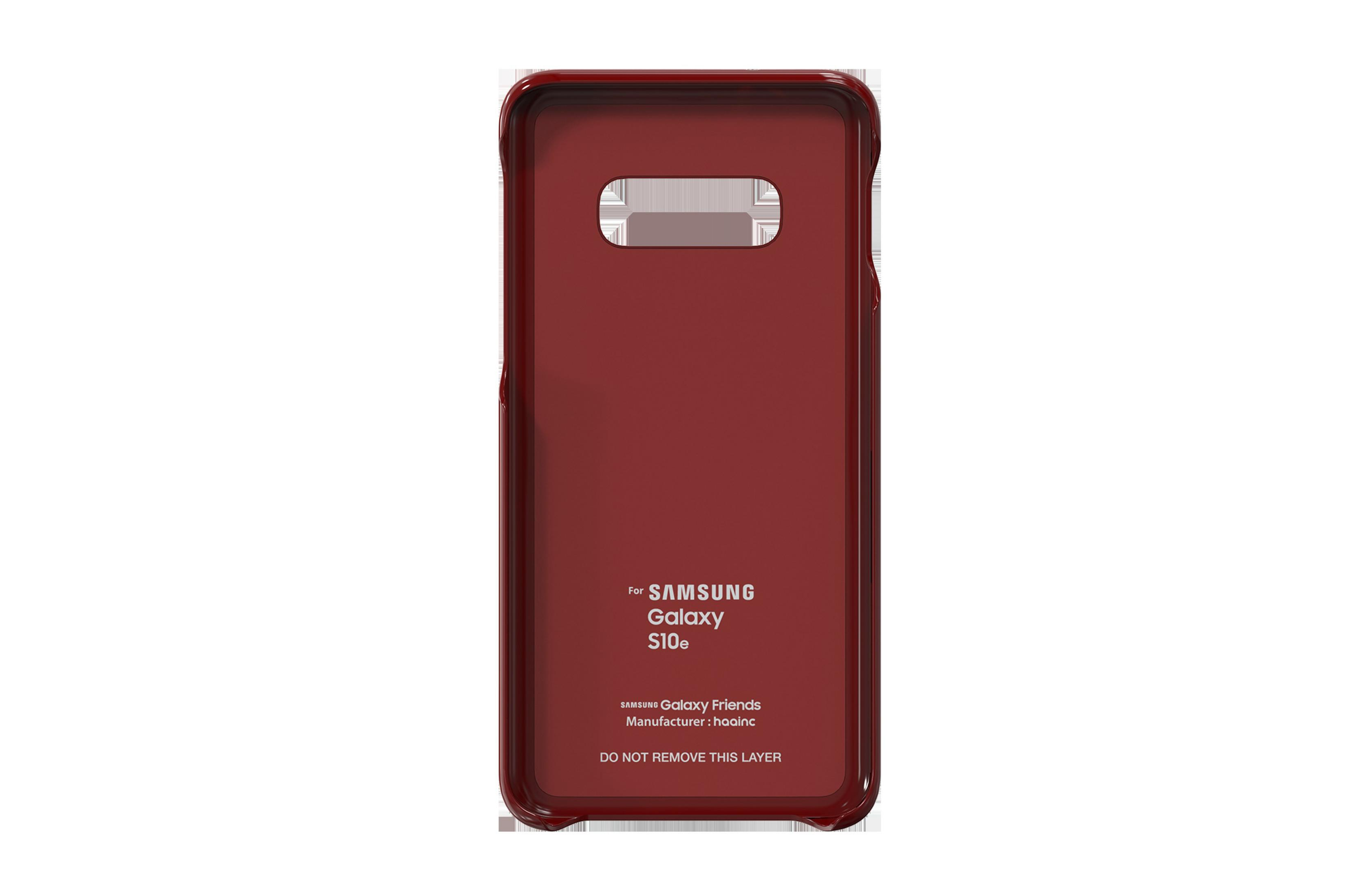 Viene mostrata una custodia rossa per telefono Samsung Galaxy S10e su uno sfondo bianco.