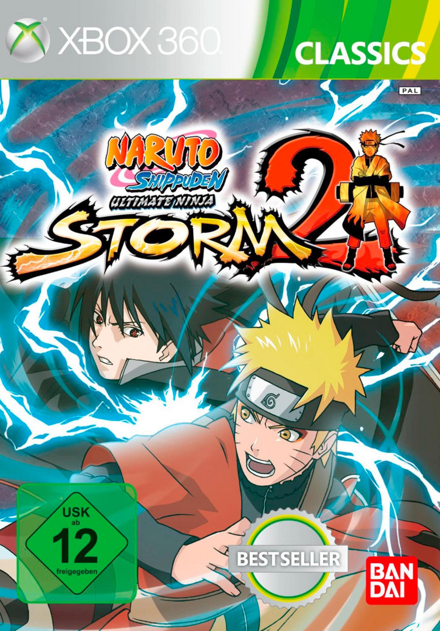Xbox 360-Spielcover „Naruto Shippuden: Ultimate Ninja Storm 2“ zeigt Anime-Charaktere.