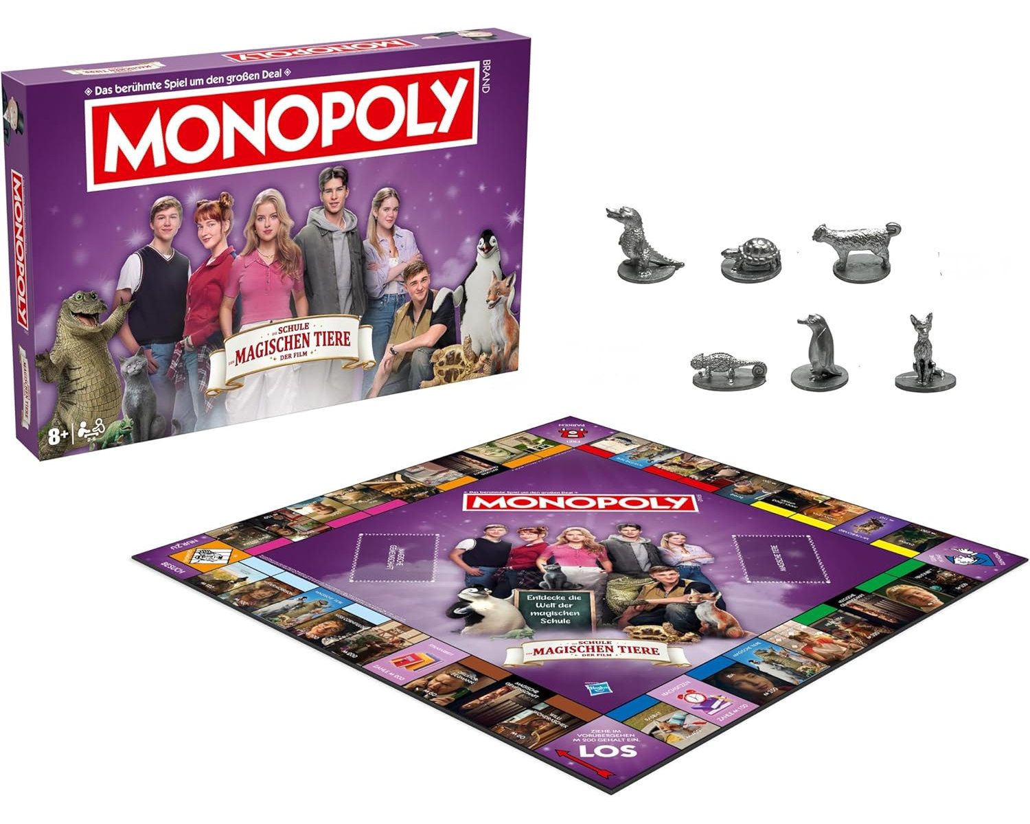 Ein Monopoly-Spiel mit Charakteren aus "Die Schule der magischen Tiere" mit Spielfiguren auf weißem Hintergrund.