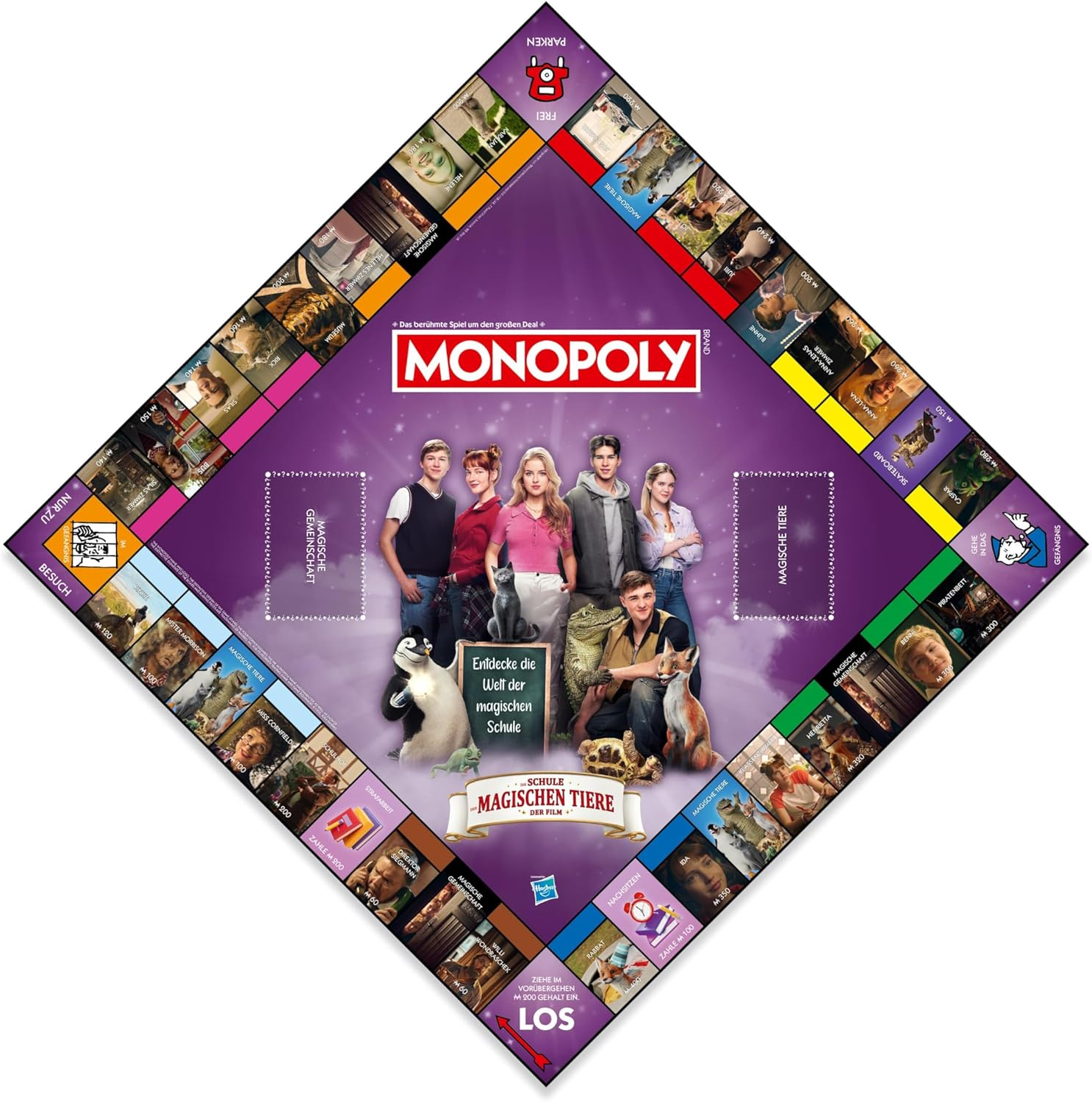 Ein Monopoly-Spielbrett mit Charakteren aus "Die Schule der magischen Tiere" auf weißem Hintergrund.