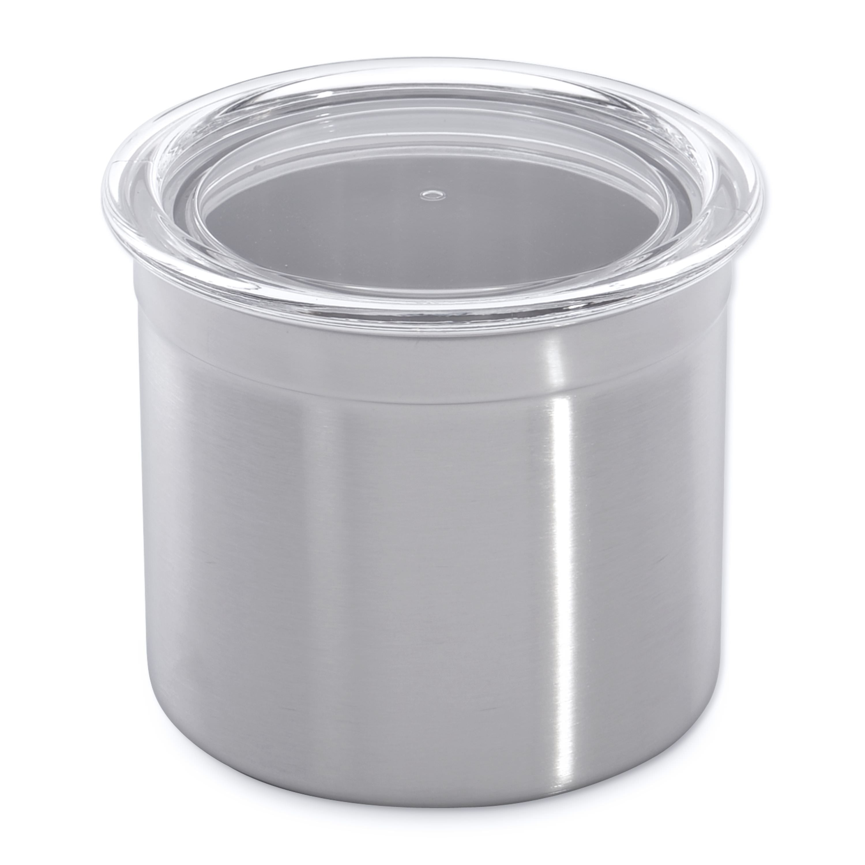 A silver, stainless steel container with a clear plastic lid on a white background.