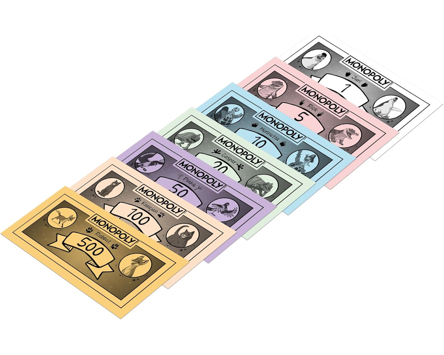 Monopoly-Geld in verschiedenen Farben und Stückelungen mit Cartoon-Tieren ist auf einem weißen Hintergrund aufgefächert.