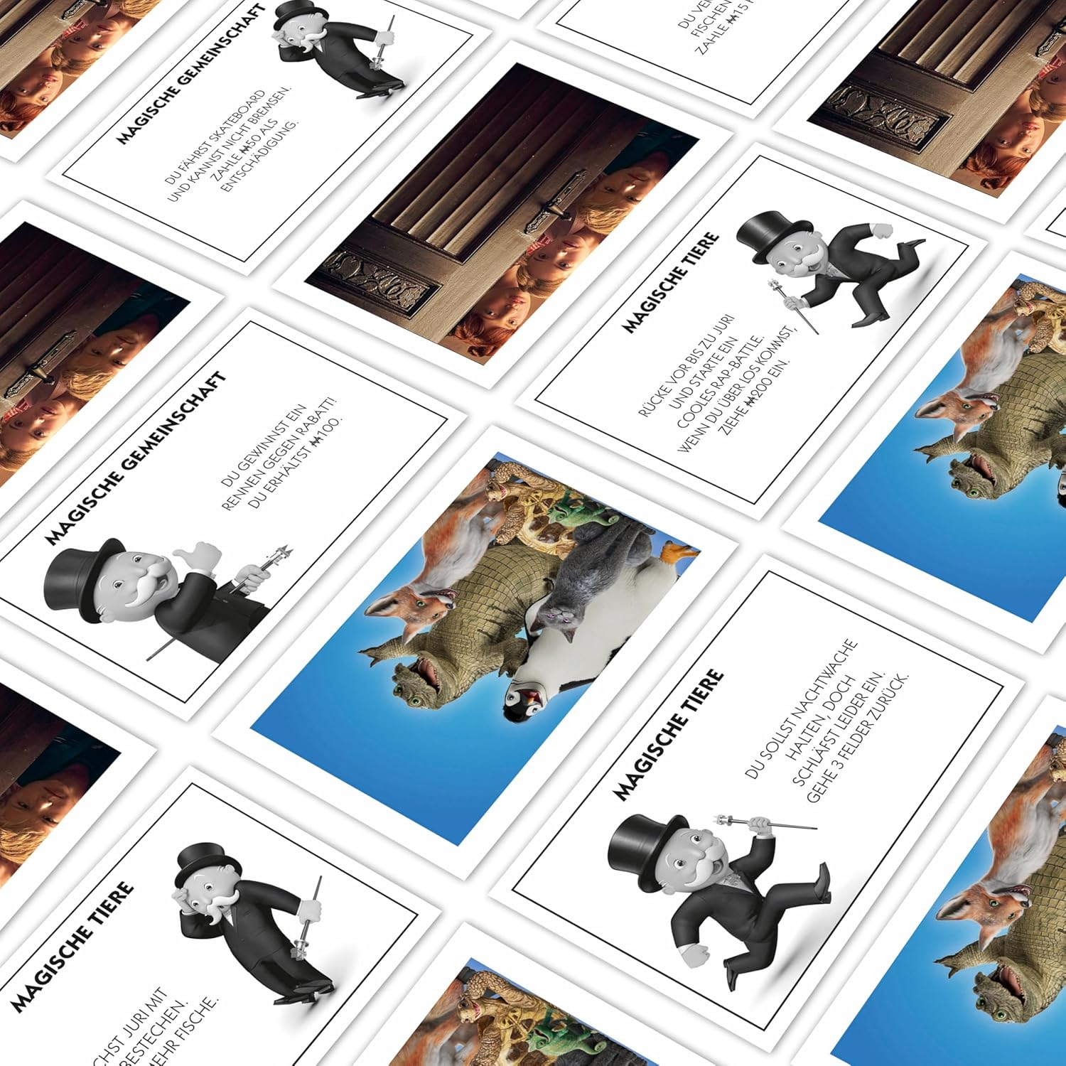 Monopoly-Spielkarten mit Cartoon-Figuren und Tieren auf weißem Hintergrund.
