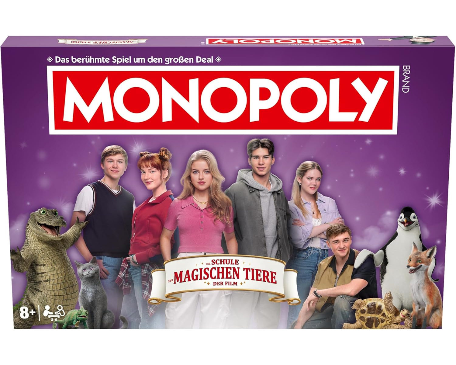 Eine Monopoly-Spielbox mit Kindern und Tieren aus "Die Schule der magischen Tiere" auf einem sternenübersäten lila Hintergrund.
