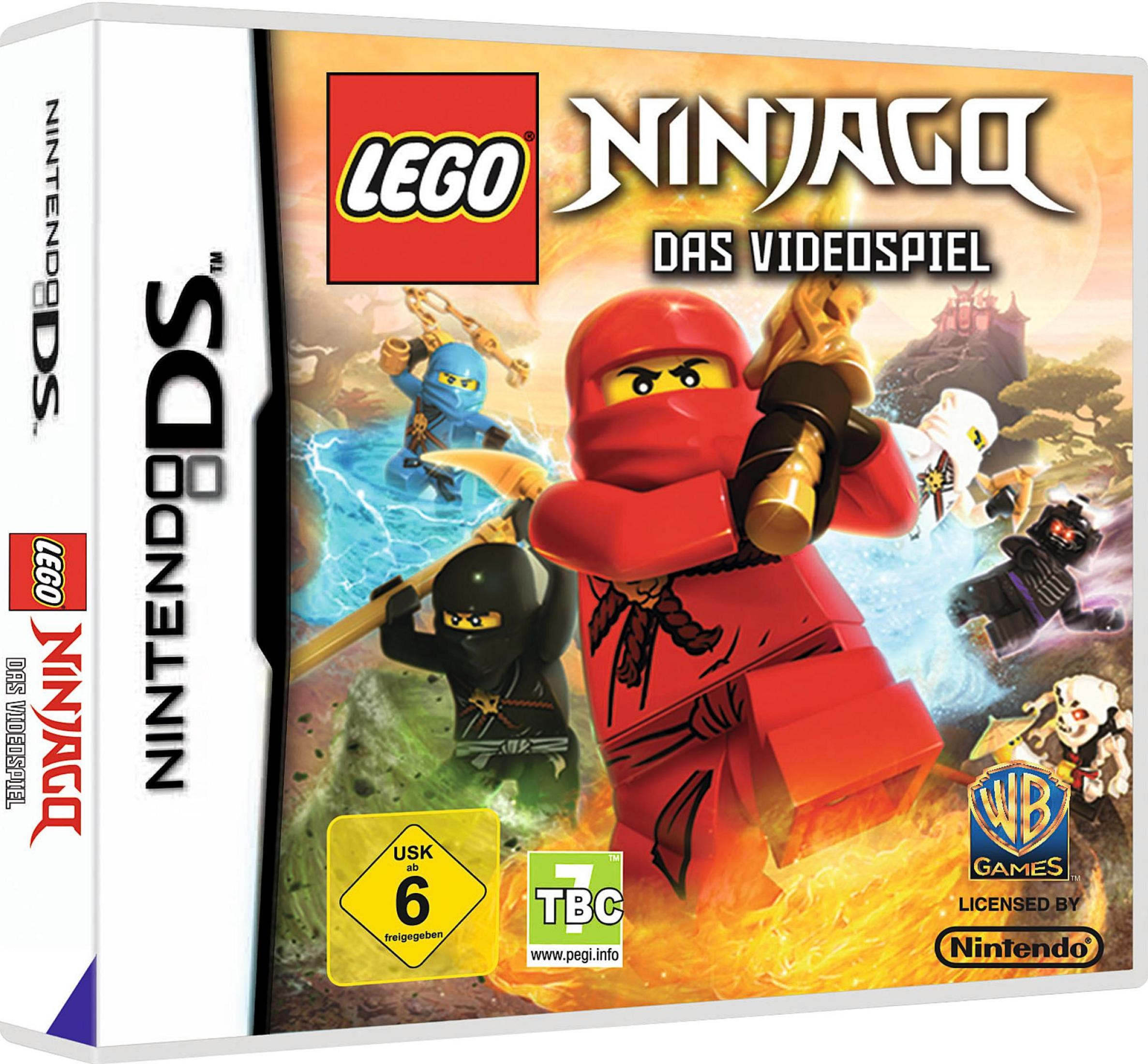 Lego Ninjago DS-Spielcover mit einem roten Ninja, anderen Charakteren und einer TBC-Bewertung. Für Nintendo DS.