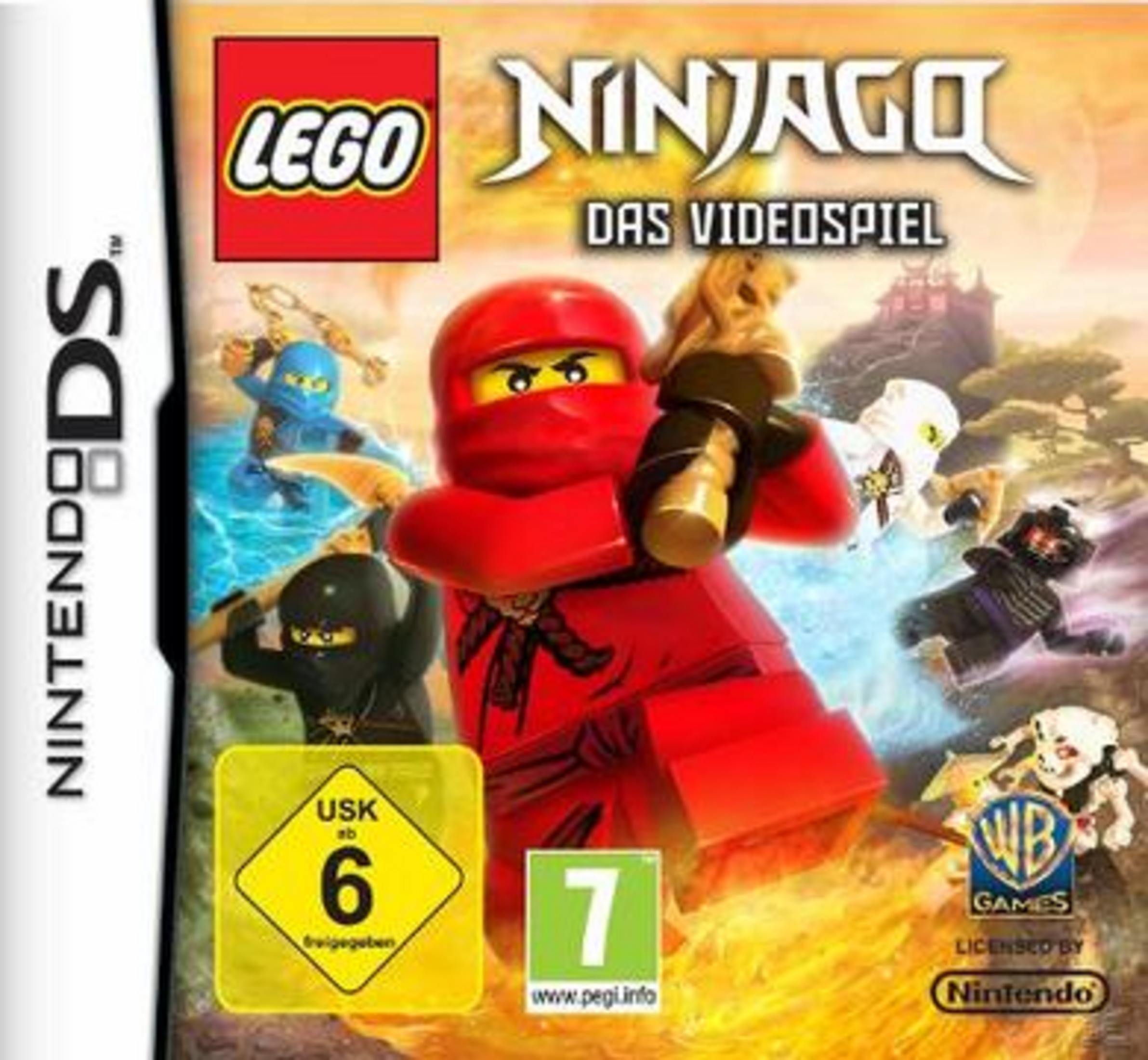 Lego Ninjago DS Videospielcover mit roter Ninja-Figur und anderen Charakteren. Freigegeben ab 6 Jahren.