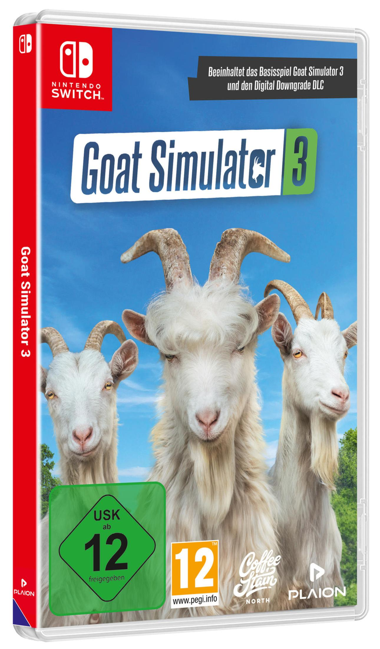 La copertina del gioco Goat Simulator 3 presenta tre capre con un cielo blu sullo sfondo per Nintendo Switch. Classificato 12+.