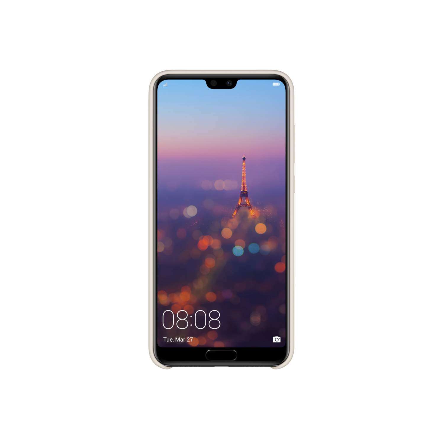 Ein Smartphone, das auf seinem Bildschirm ein Stadtbild mit dem Eiffelturm anzeigt, Uhrzeit 08:08.
