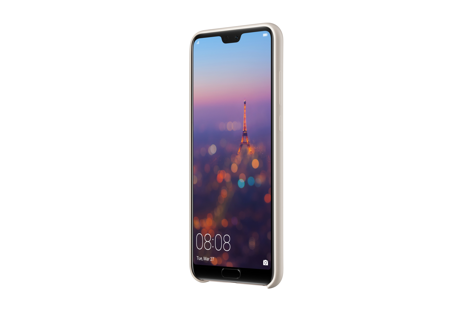 Ein Smartphone, das auf seinem Bildschirm ein Stadtbild mit dem Eiffelturm anzeigt, Uhrzeit 08:08.