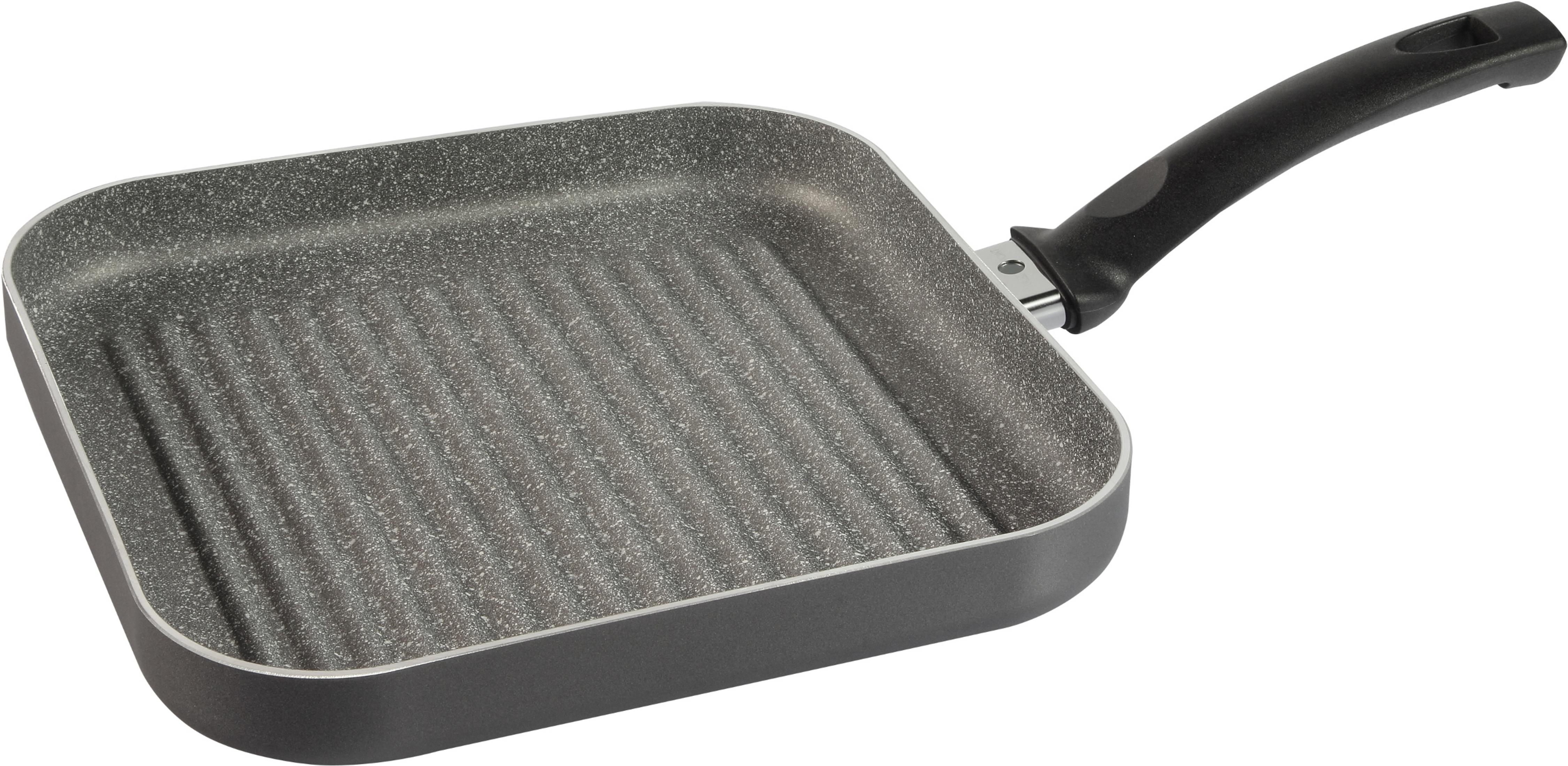 Quadratische graue Grillpfanne mit Rillen und schwarzem Griff, schräg auf weißem Hintergrund.
