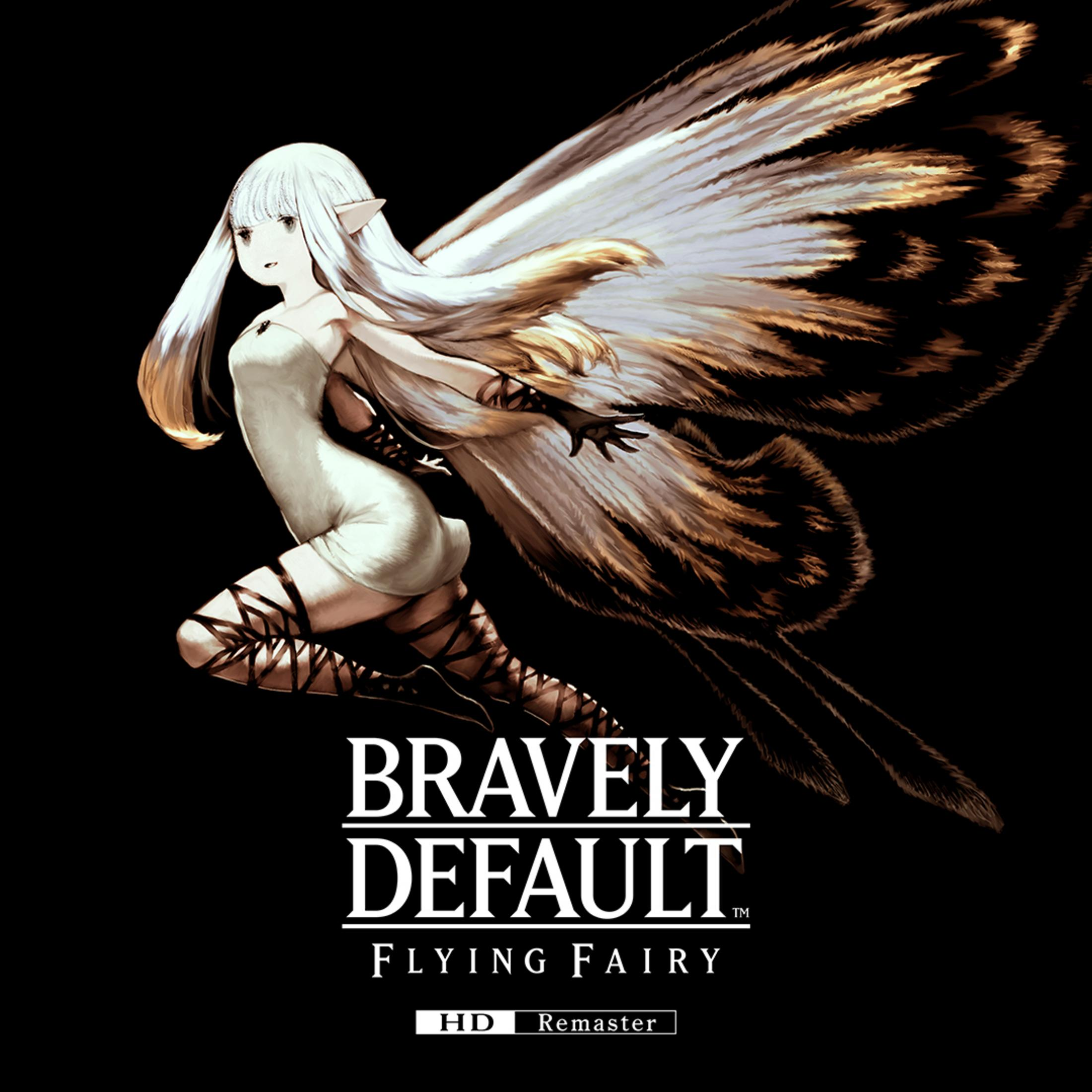 Postać z anime z białymi włosami i skrzydłami wróżki. Tytuł 'Bravely Default Flying Fairy' jest wyświetlany poniżej.
