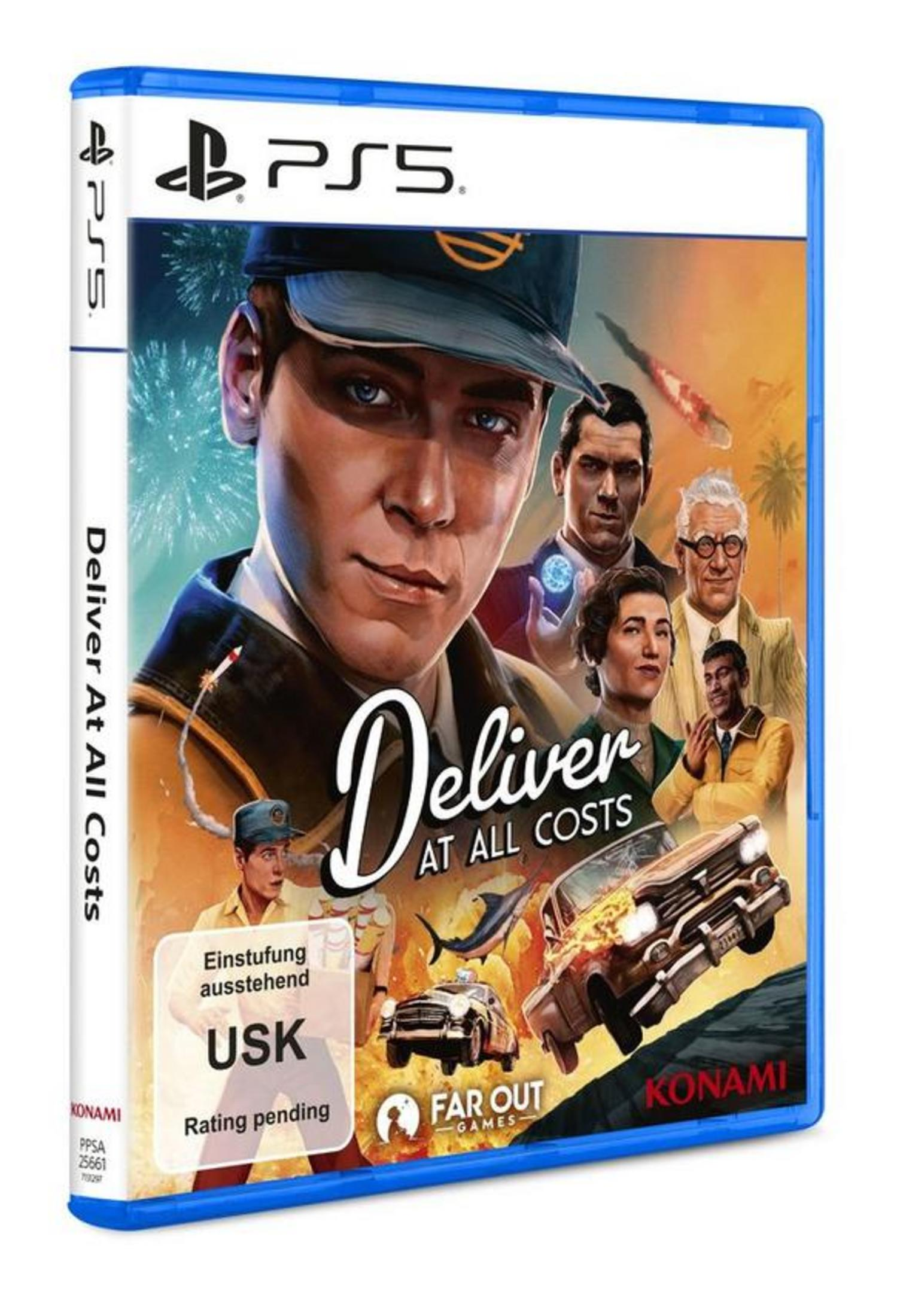 PS5-Spielcover „Deliver At All Costs“ mit einem Mann mit Mütze und Retro-Bildern.