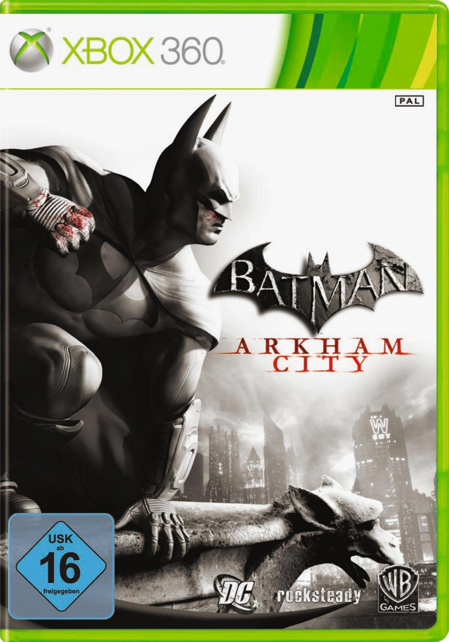 Batman Arkham City Xbox 360-Spielcover. Batman kniet auf einer Wasserspeierfigur mit blutiger Hand.