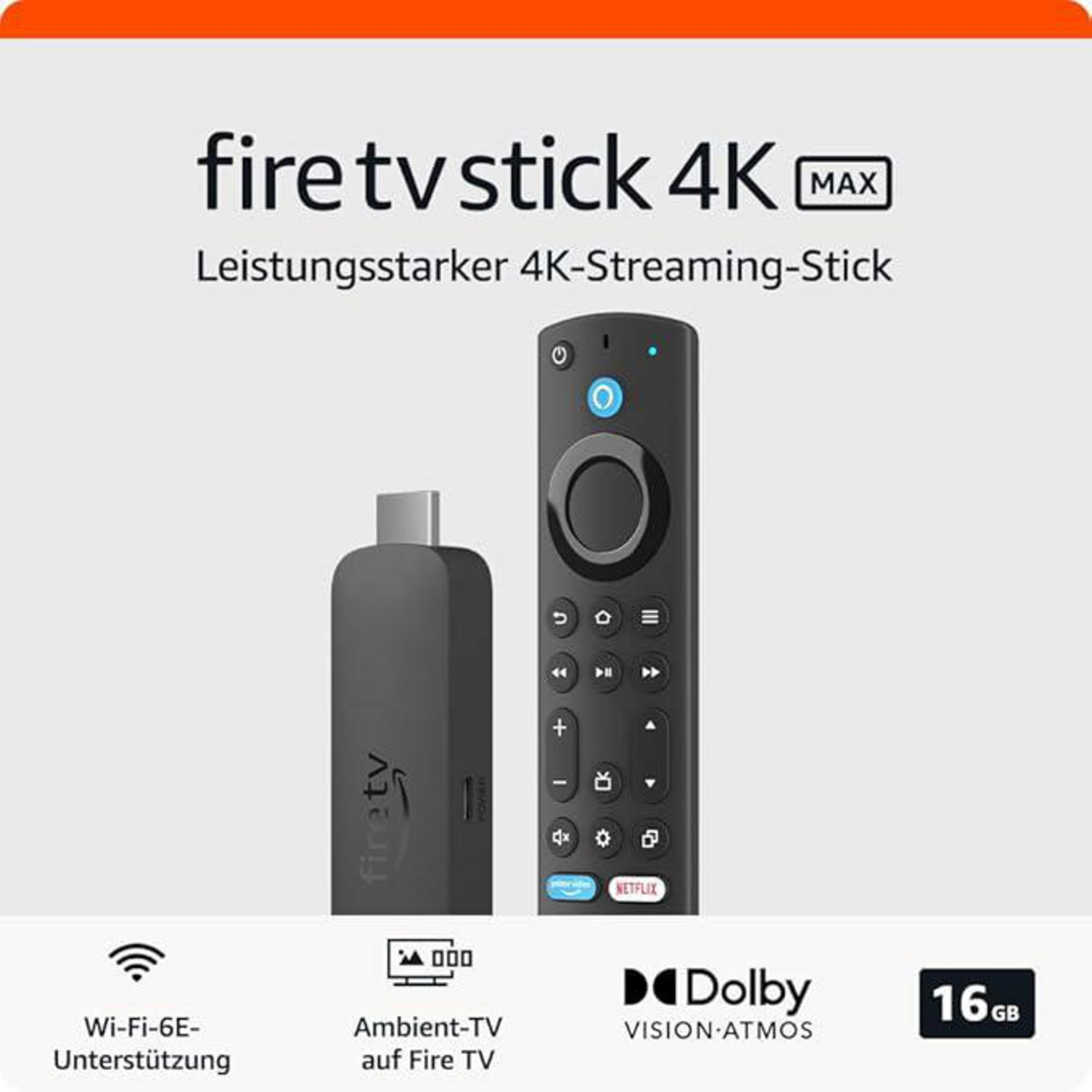 Fire TV stick 4K MAX con telecomando su sfondo bianco. Testo in tedesco.