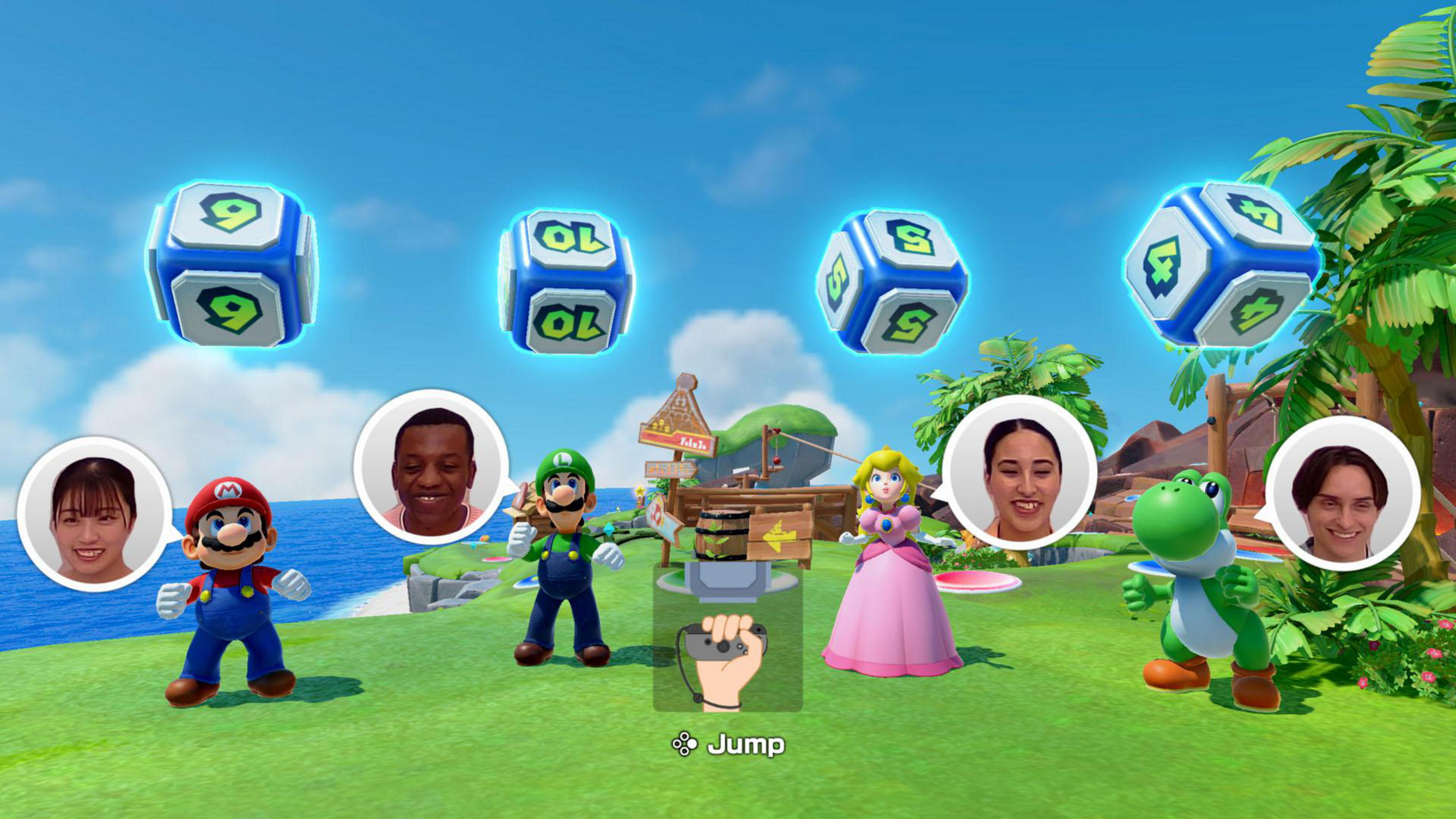 Ekran gry Mario Party z postaciami i kostkami. W tle morze i błękitne niebo.