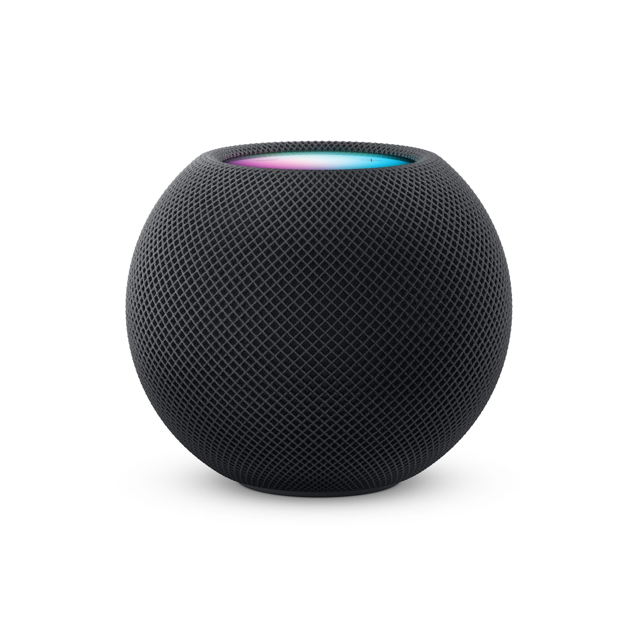 Schwarzer Apple HomePod Smart-Lautsprecher, kugelförmig, auf weißem Hintergrund.