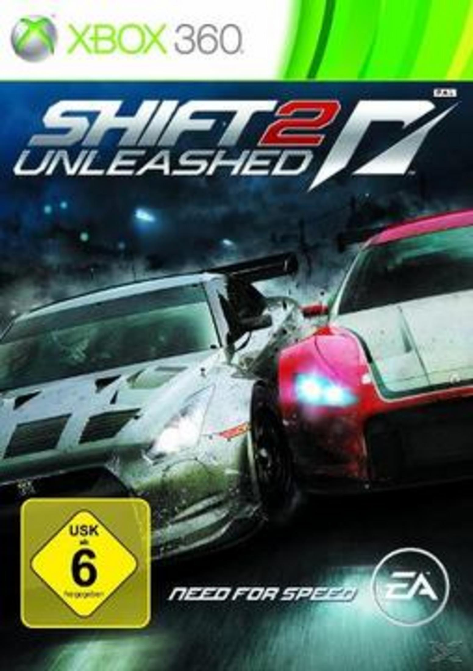 Spielcover für Shift 2 Unleashed auf Xbox 360. Zwei Rennwagen sind in Aktion.