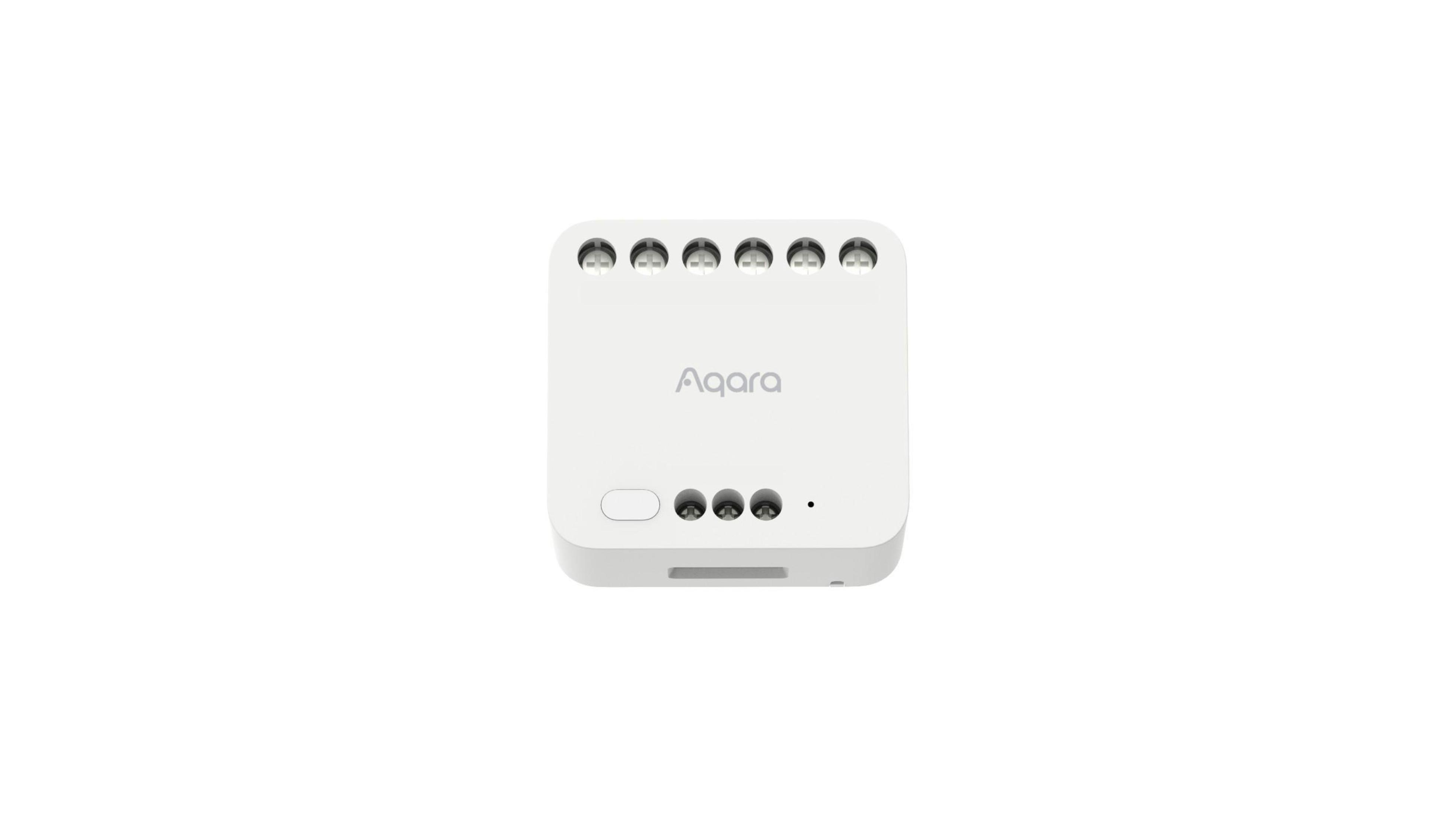 Un hub domotico bianco Aqara con più porte e pulsanti su uno sfondo bianco.