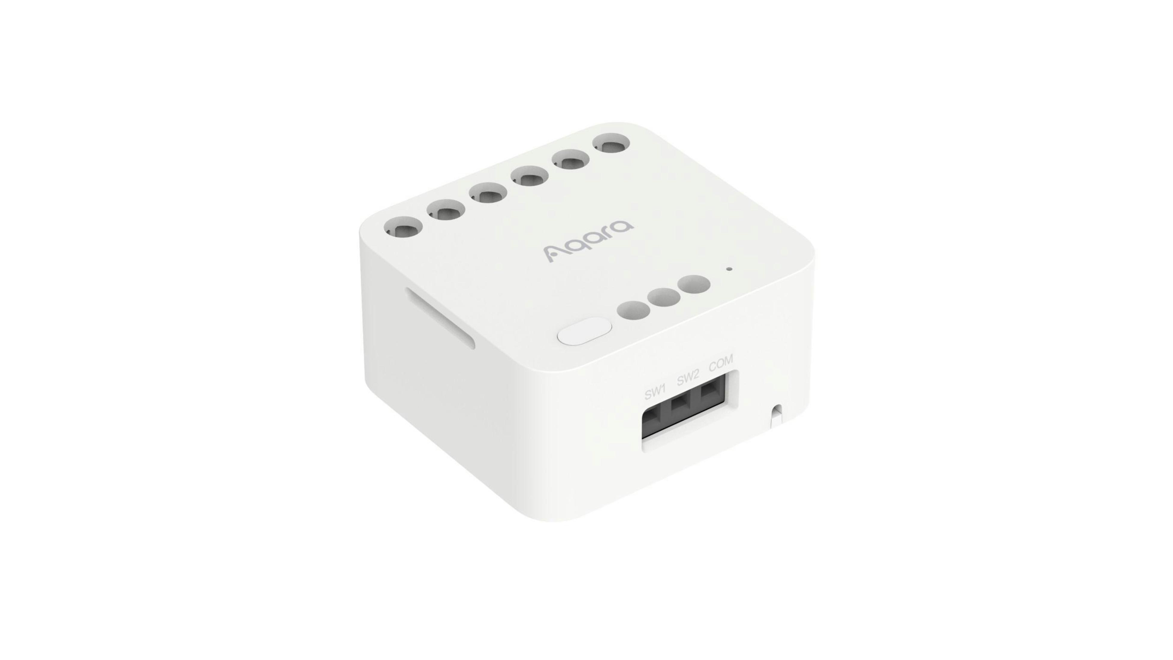 Un hub domotico bianco Aqara con più porte e pulsanti su uno sfondo bianco.