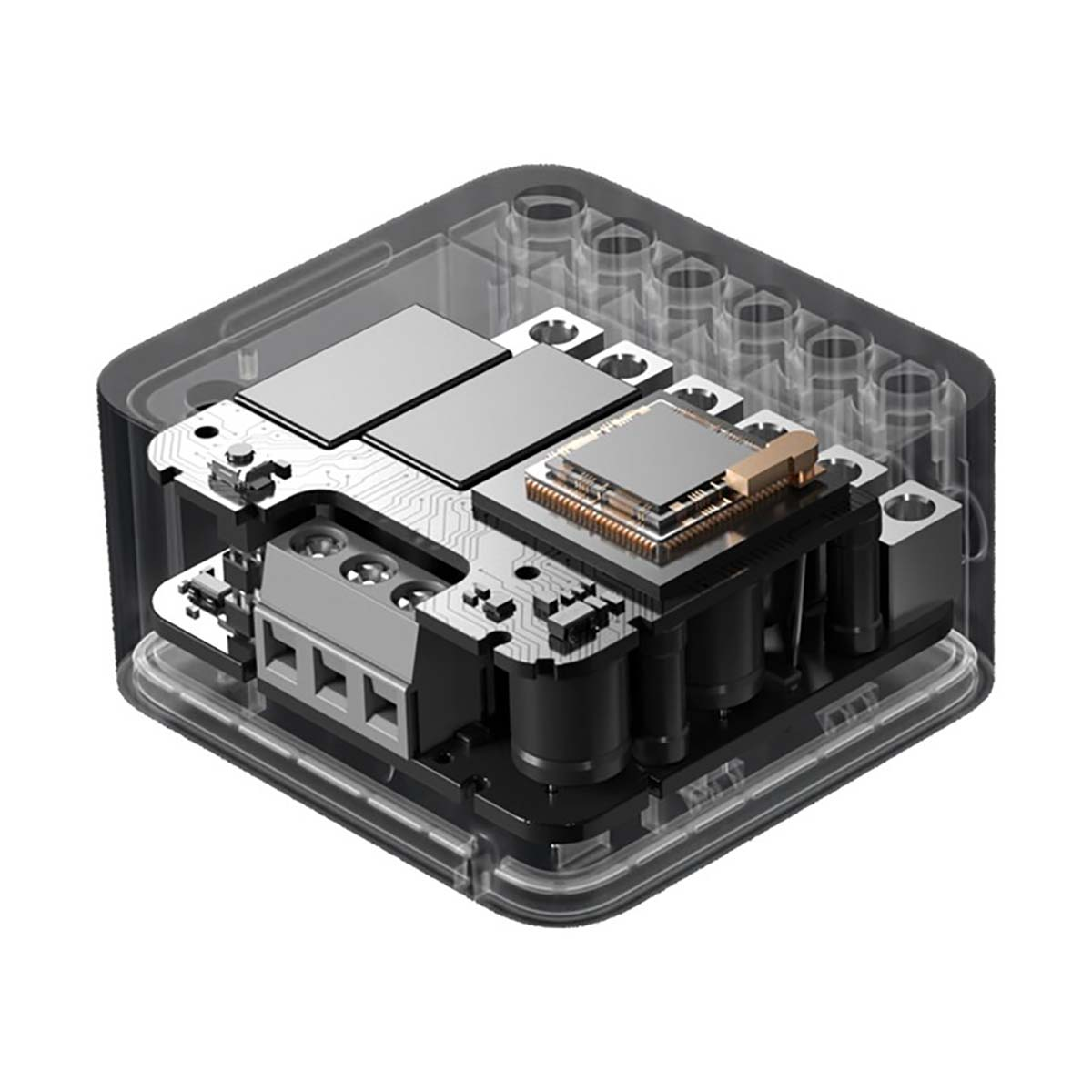 Un alloggiamento trasparente rivela i componenti interni di un dispositivo elettronico di forma quadrata.
