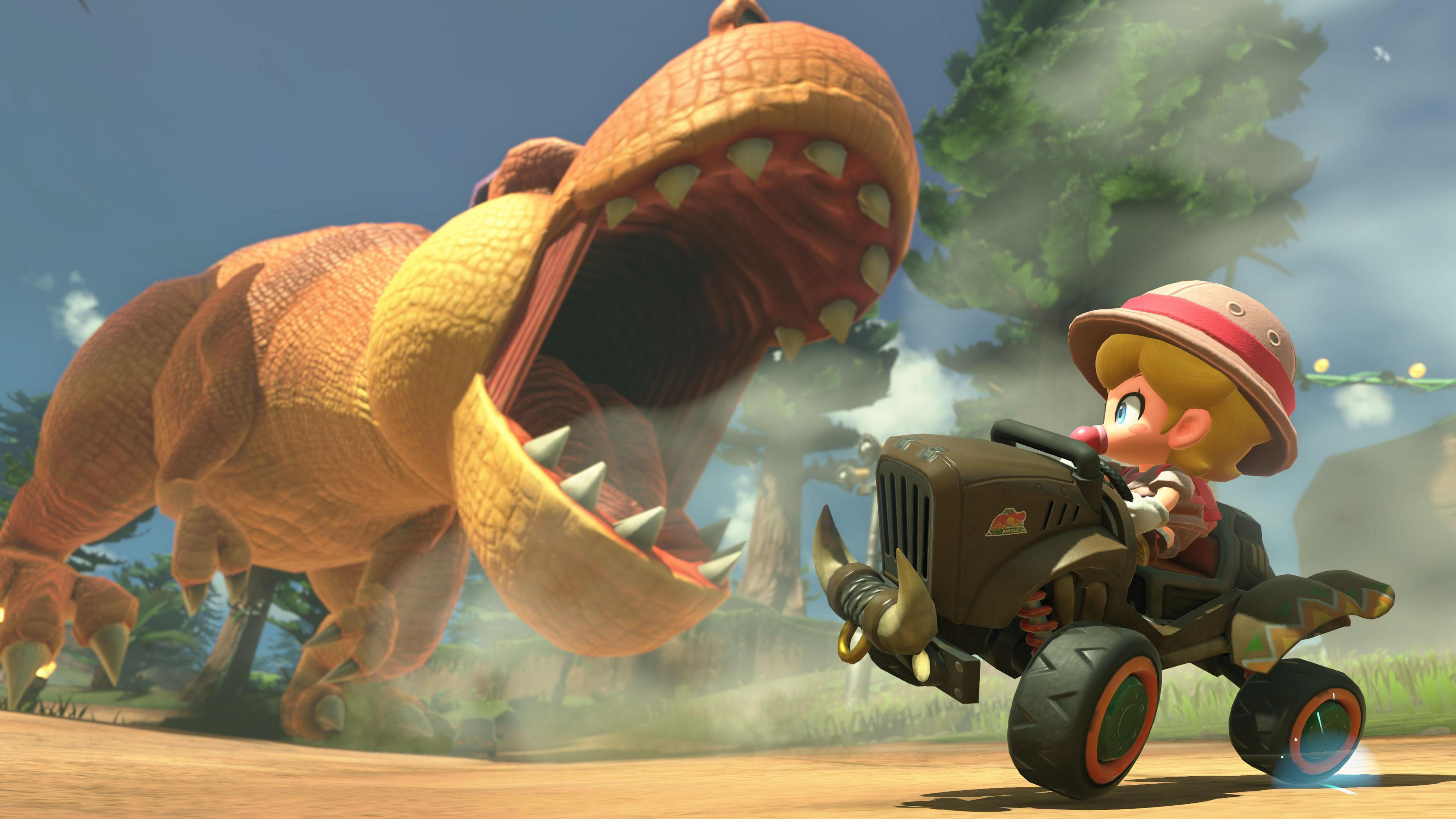Peach w gokarcie safari stoi naprzeciwko dużego dinozaura z otwartą paszczą w dżungli.