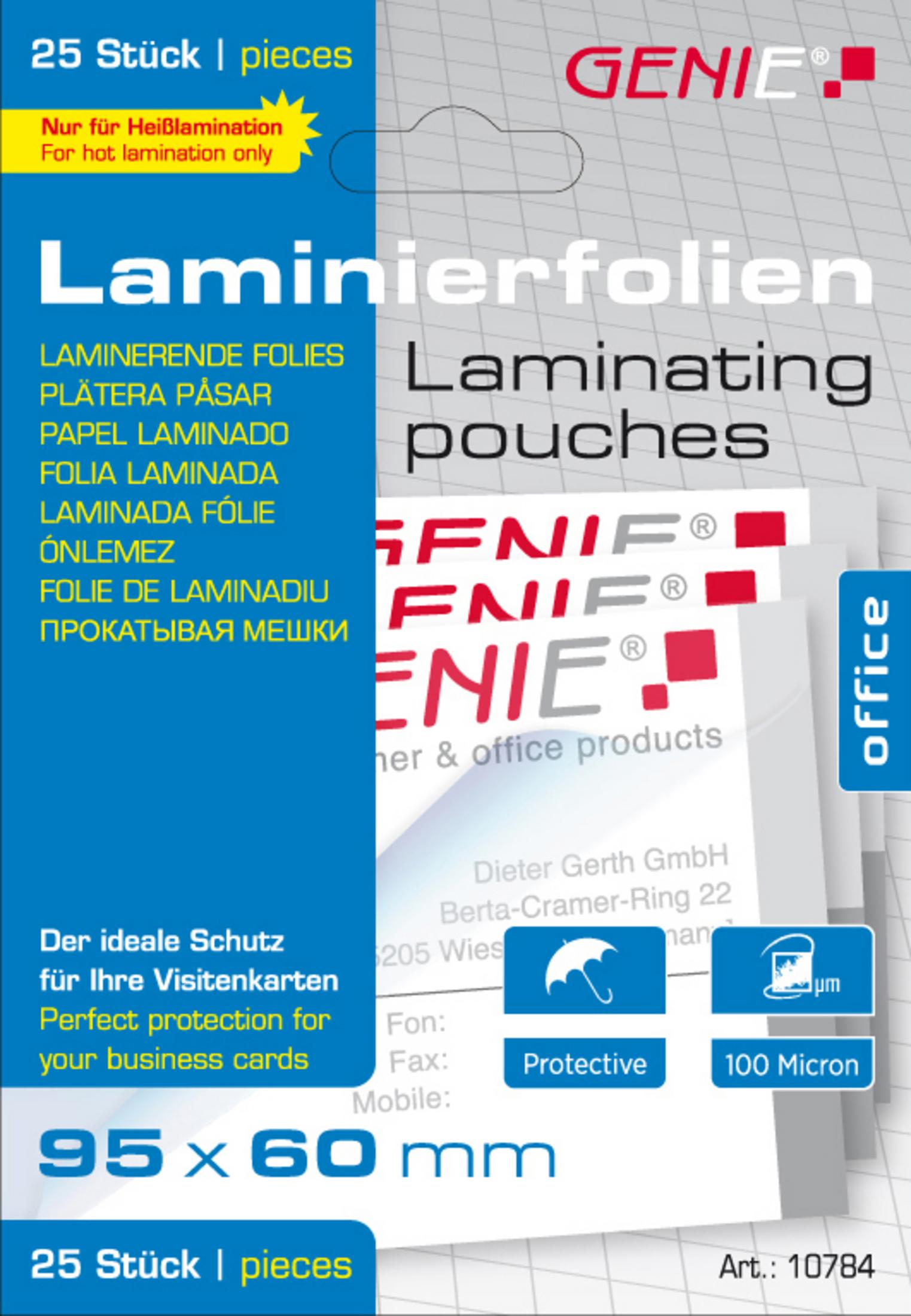 Eine Packung Laminierhüllen mit Text in Deutsch und Englisch vor weißem Hintergrund.