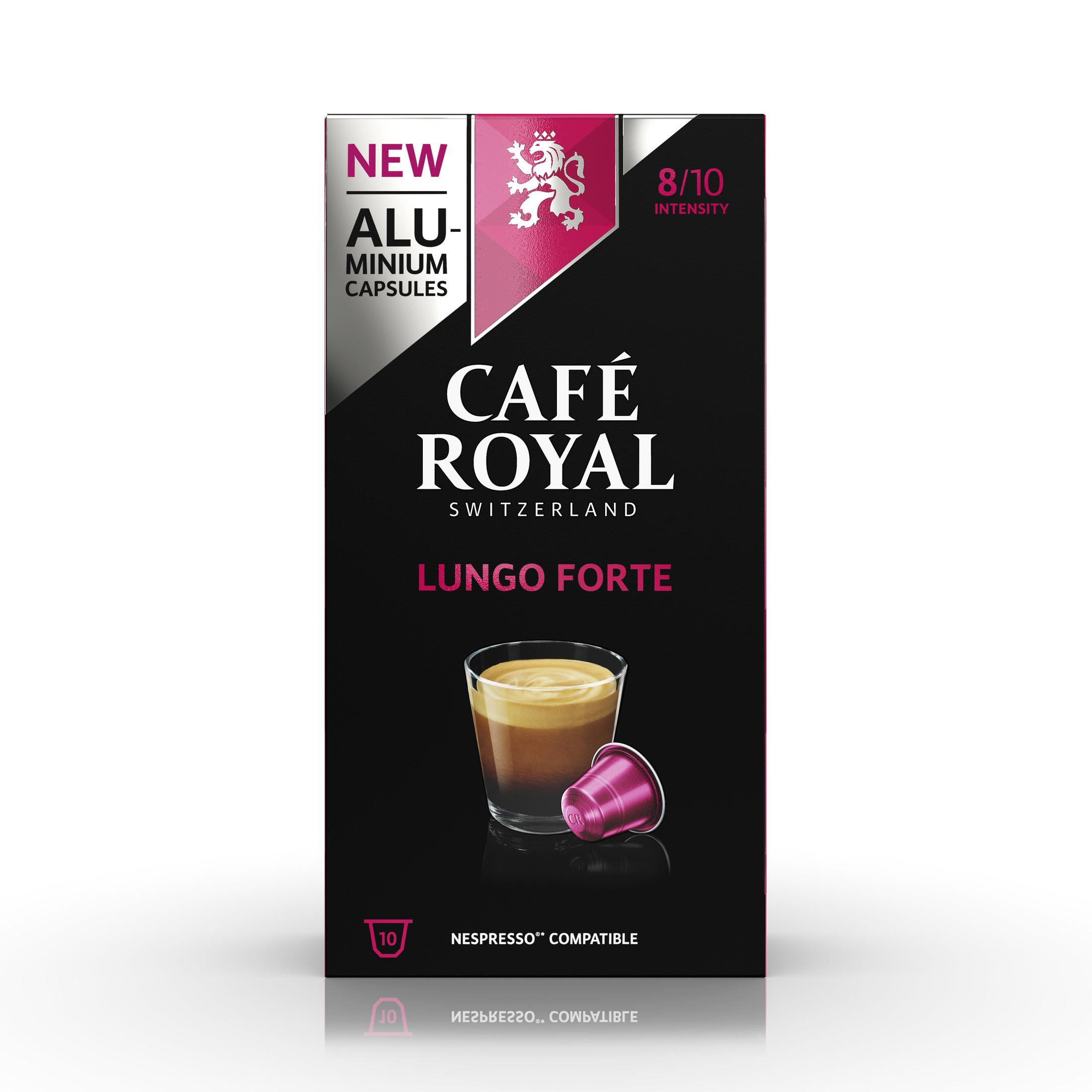 Eine Schachtel Café Royal Lungo Forte Kaffeekapseln mit einem Bild einer Kaffeetasse und einer Kapsel.